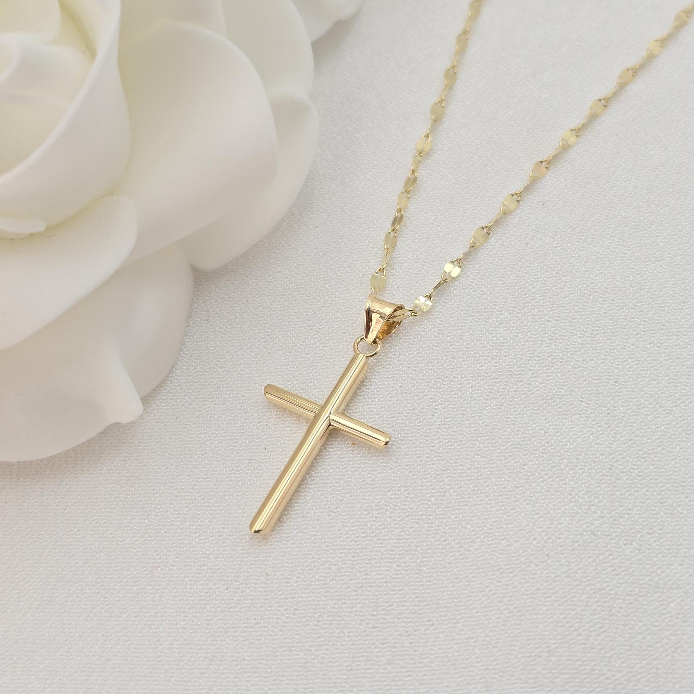 14k Gold Polished Cross Mirror Necklace - 14", 16", 18", 20" - Perfect Gift For Her - Modern Fine Jewelry