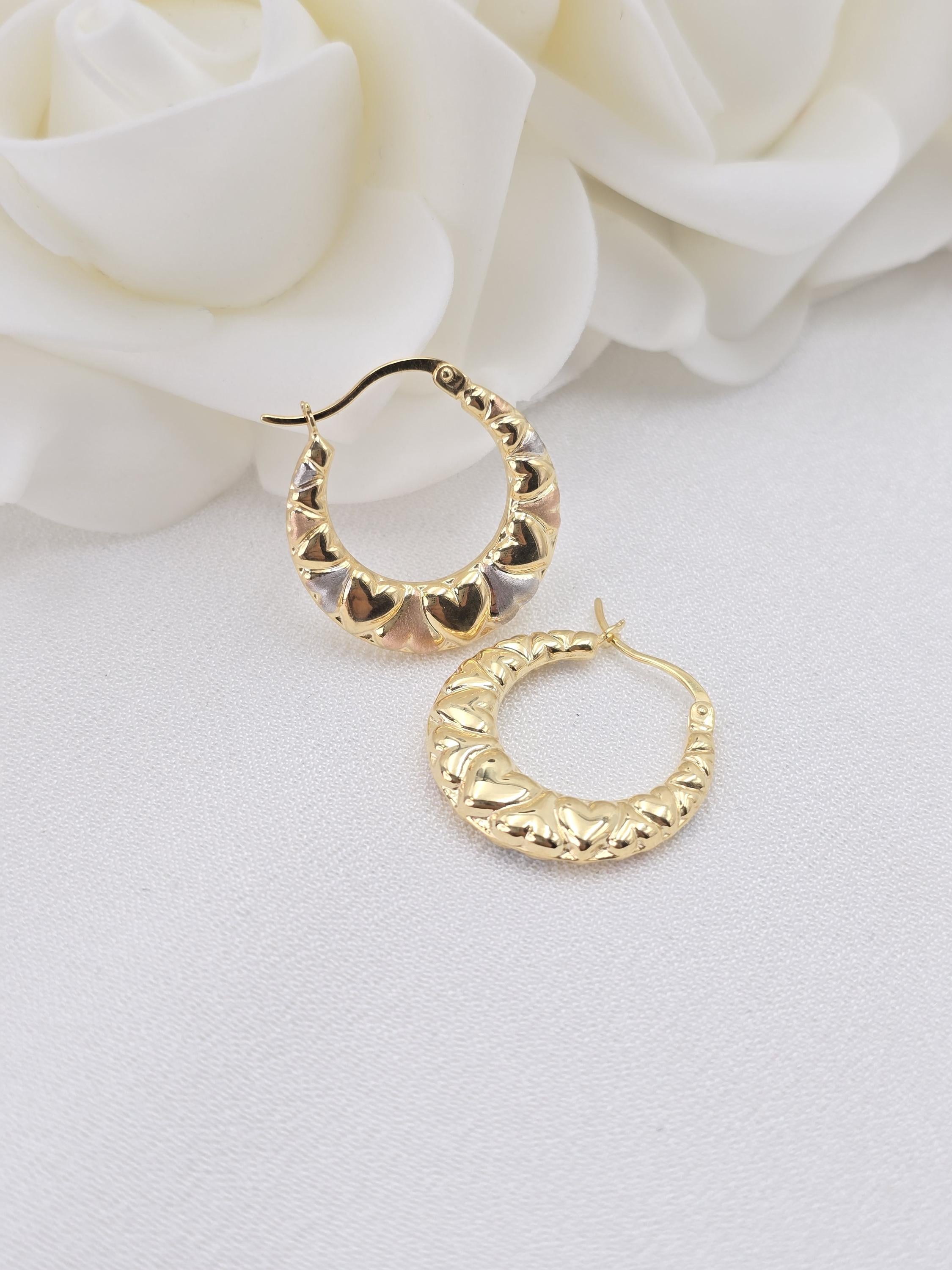 14k Gold Tricolor Heart Hoops - Double-sided - For Her - Lightweight & Fancy