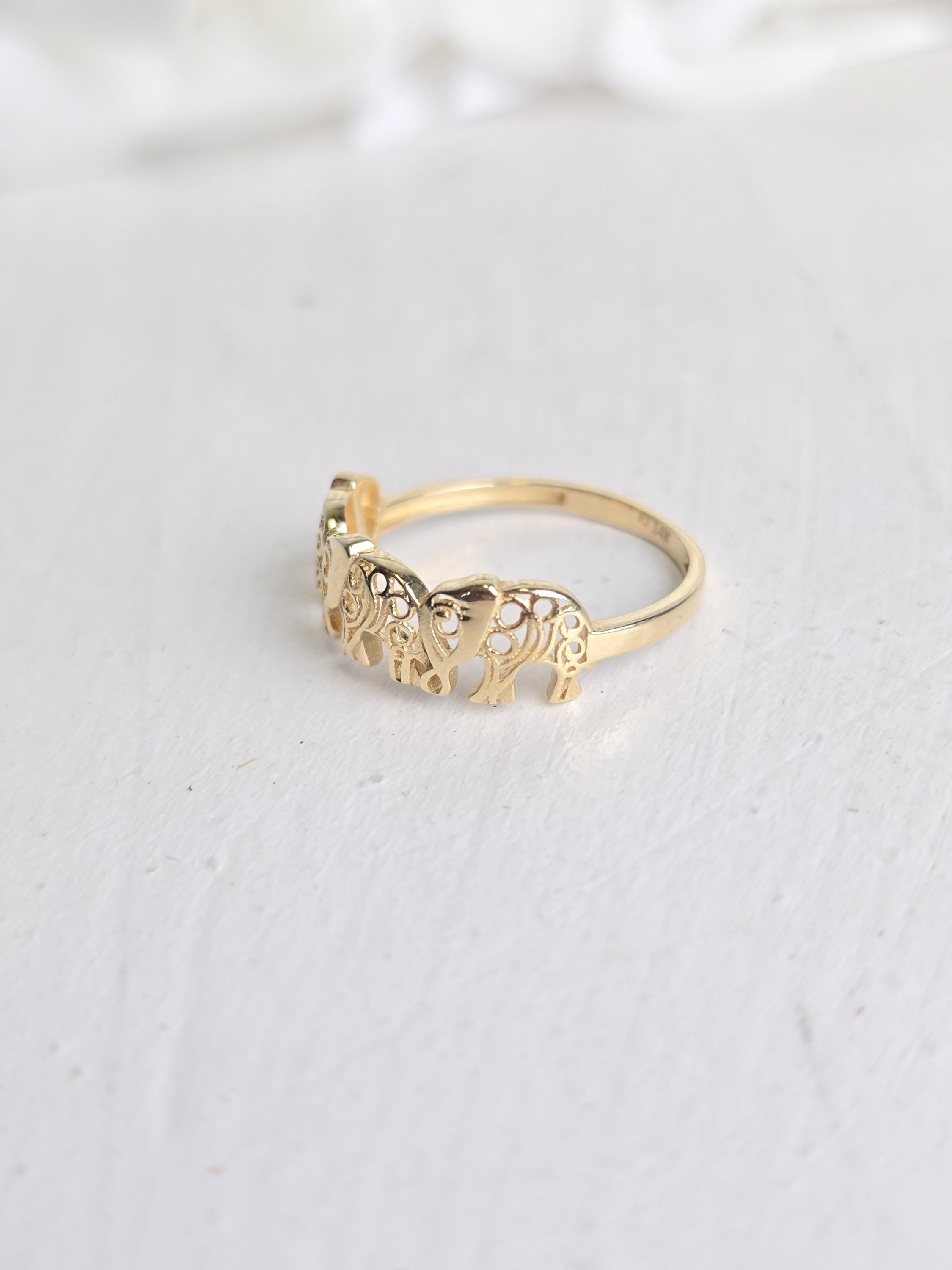 Solid 14k Gold Elephants Ring - Polished Gold - Fine Jewelry - Elegant & Everlasting Gift -