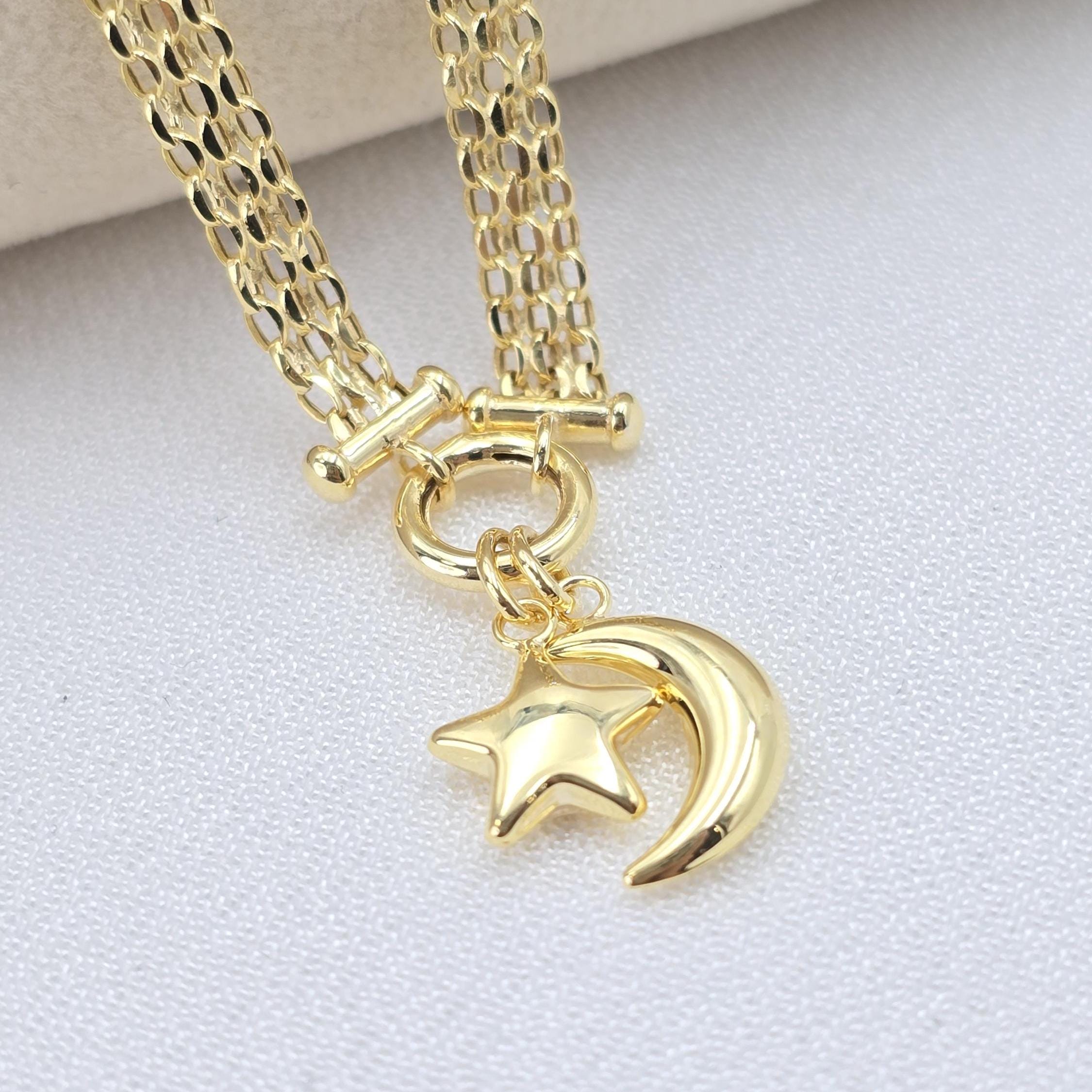 Solid 14k Gold Charm Bracelets - Heart Charm - Moon & Star - Key lock - For Her - Bismarck Bracelets