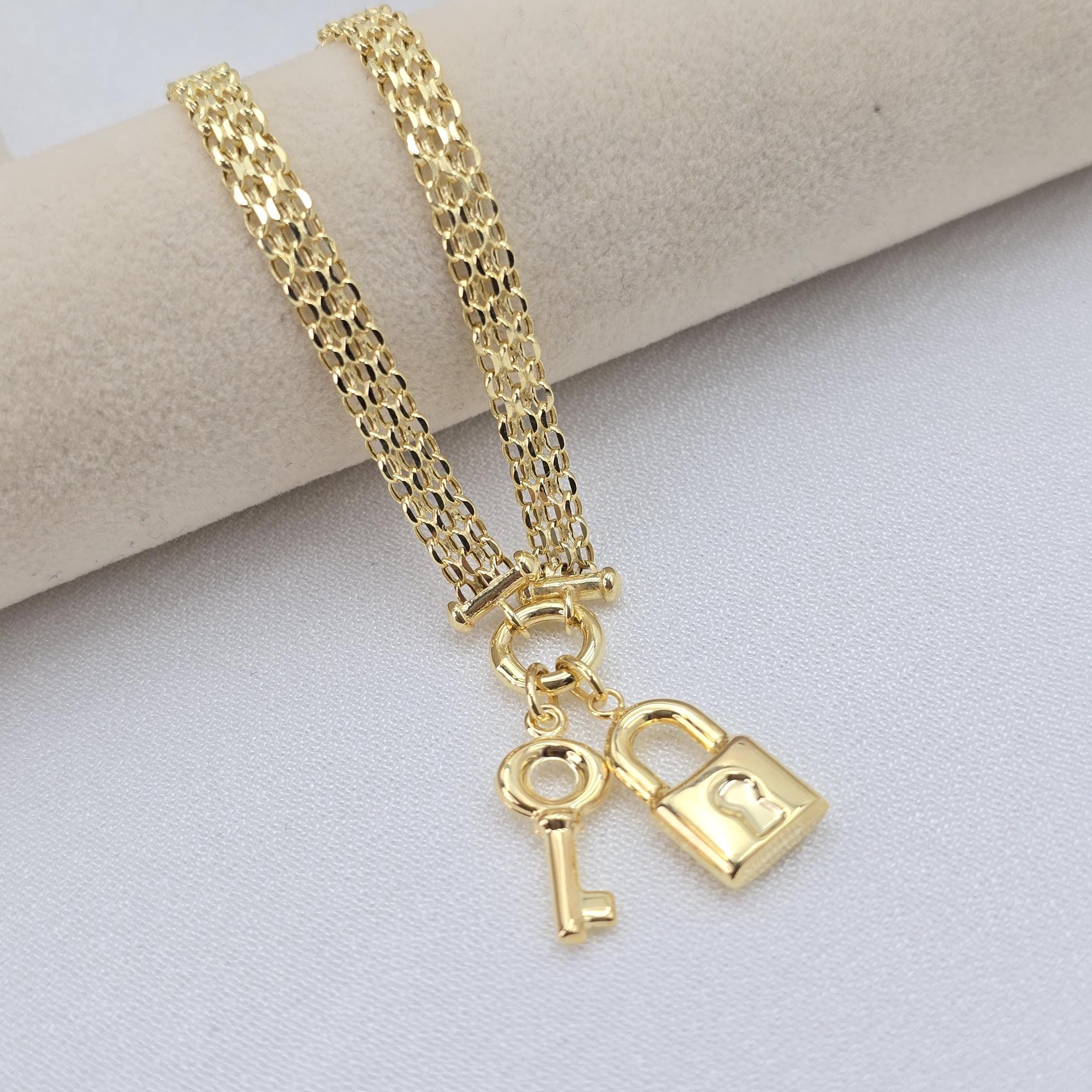 Solid 14k Gold Charm Bracelets - Heart Charm - Moon & Star - Key lock - For Her - Bismarck Bracelets