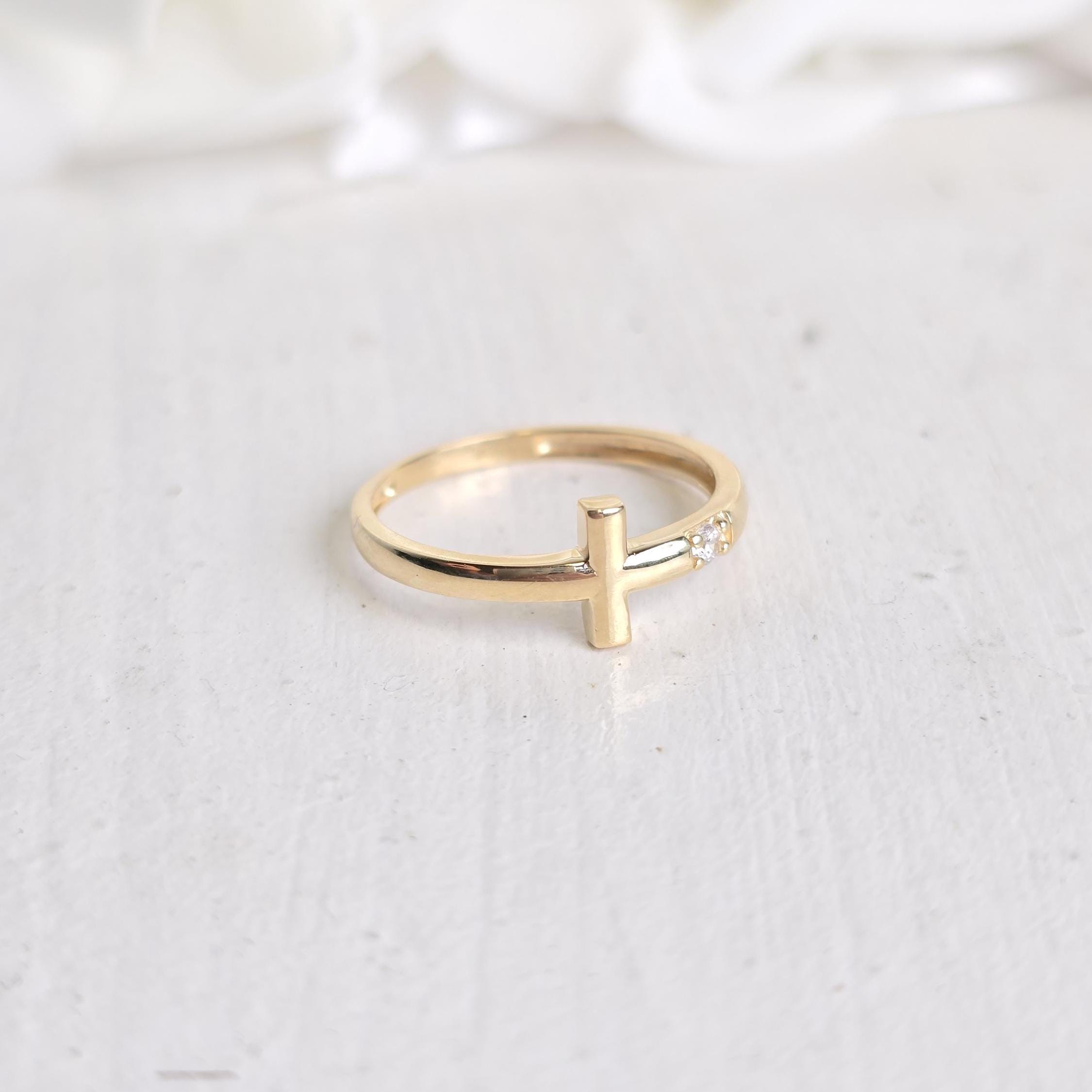Dainty 14k Gold Cross Ring - CZ - Minimalist & Elegant - Modern Fine Gold Jewelry - Perfect Gift For Her