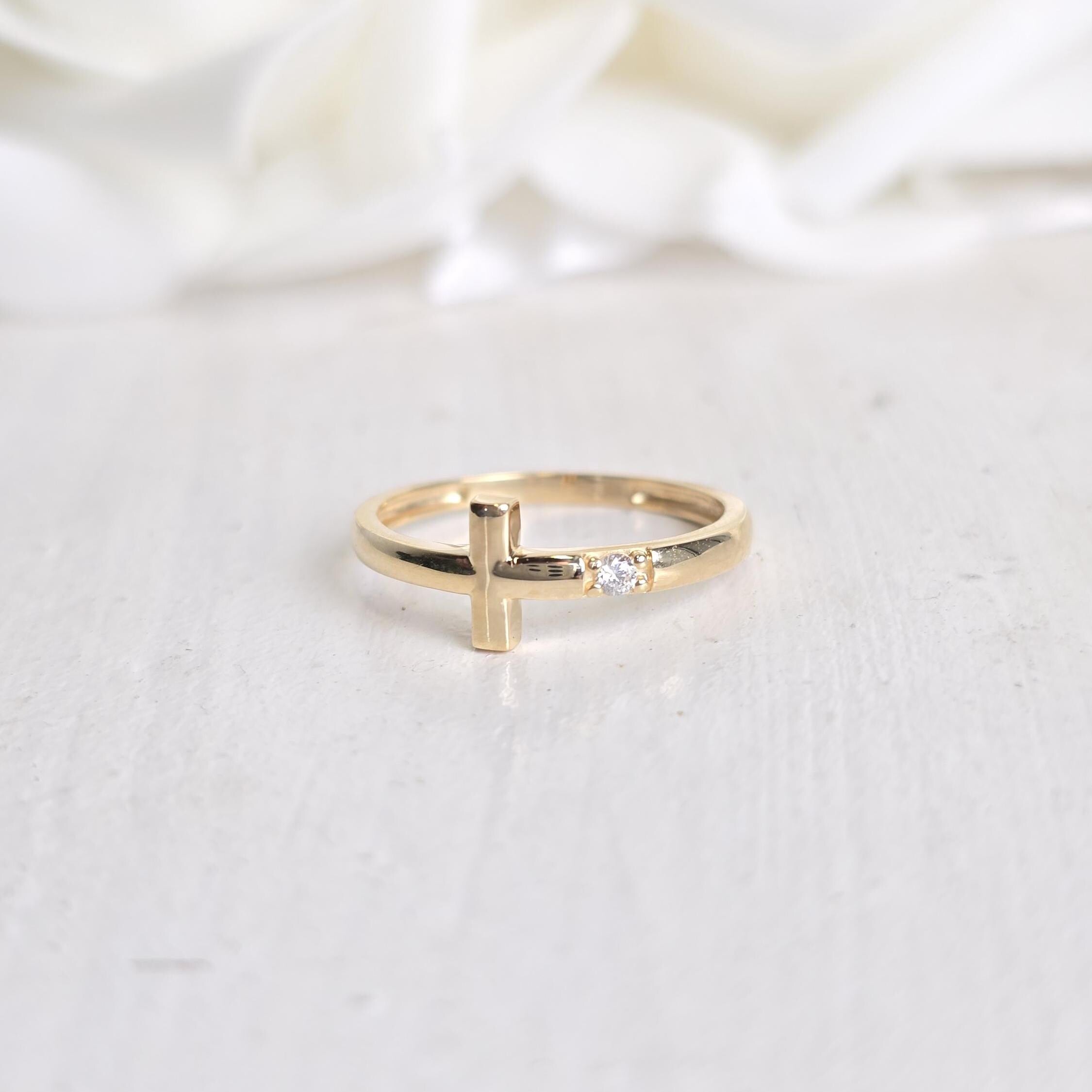 Dainty 14k Gold Cross Ring - CZ - Minimalist & Elegant - Modern Fine Gold Jewelry - Perfect Gift For Her