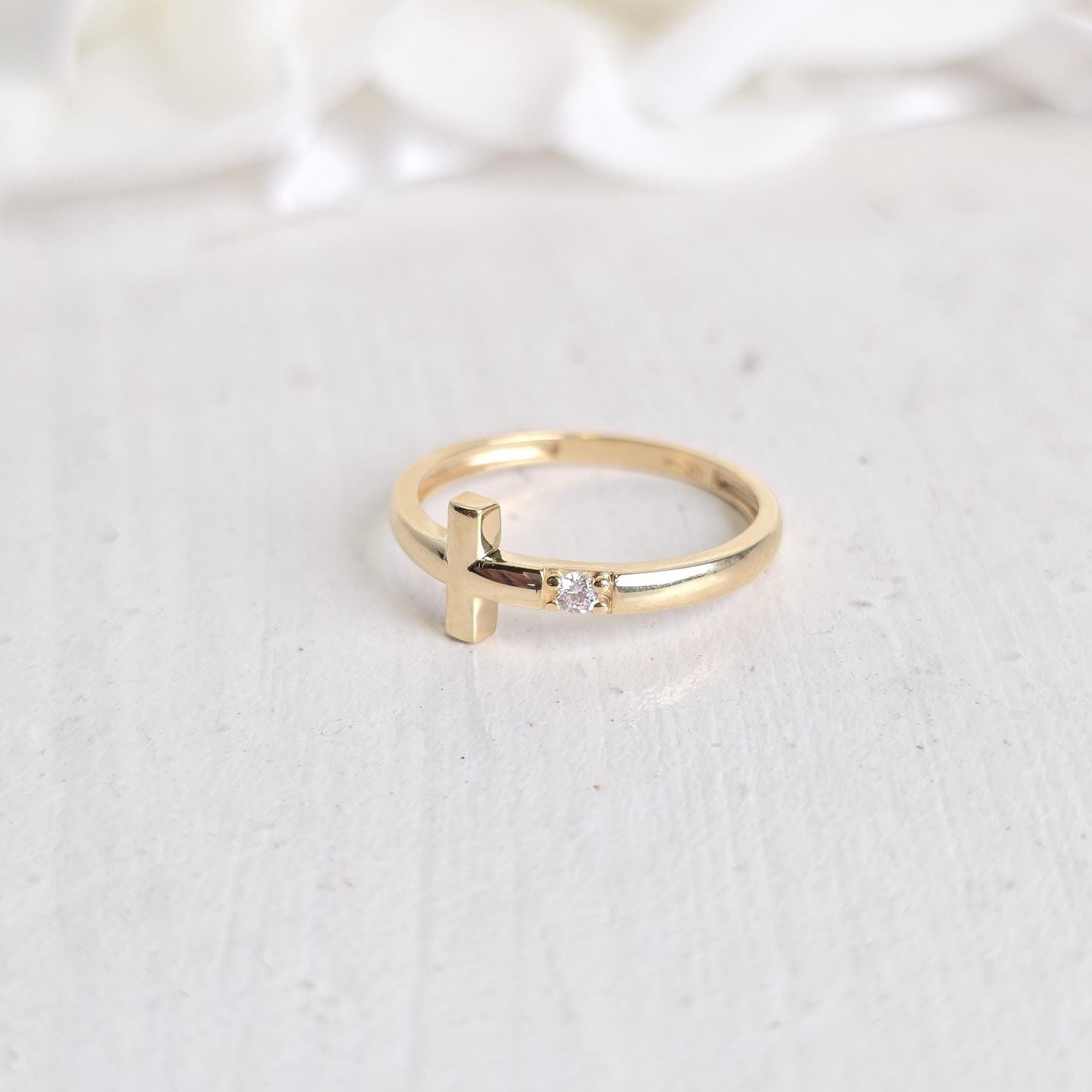 Dainty 14k Gold Cross Ring - CZ - Minimalist & Elegant - Modern Fine Gold Jewelry - Perfect Gift For Her