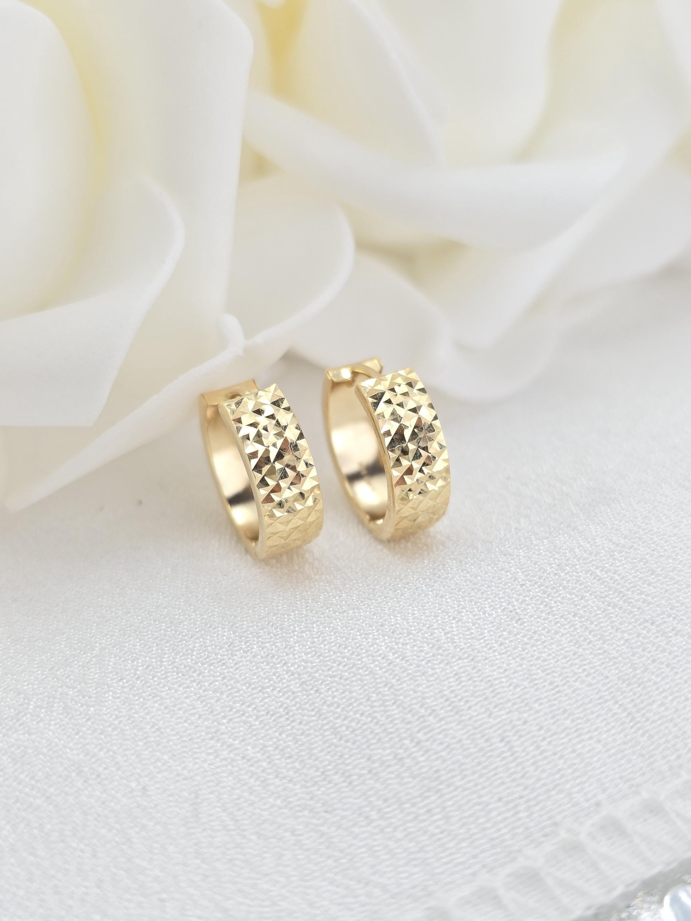 Fine 14k Gold Diamond Cut Huggies Earrings - 15MM - 5MM - Shiny and Modern