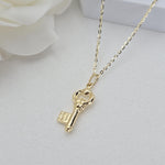 14k Gold Puffed Key Charm Necklace - Cable Necklace - Shiny & Everlasting - For Her - Fine Jewelry