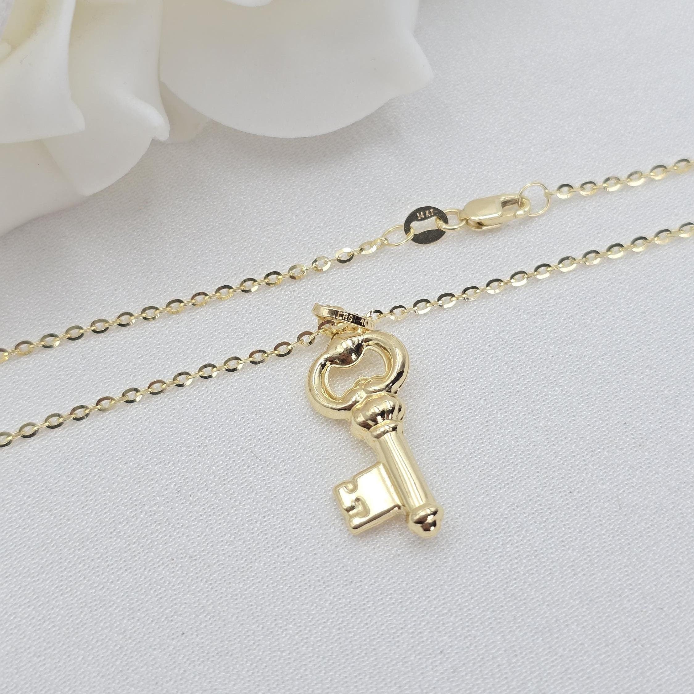 14k Gold Puffed Key Charm Necklace - Cable Necklace - Shiny & Everlasting - For Her - Fine Jewelry