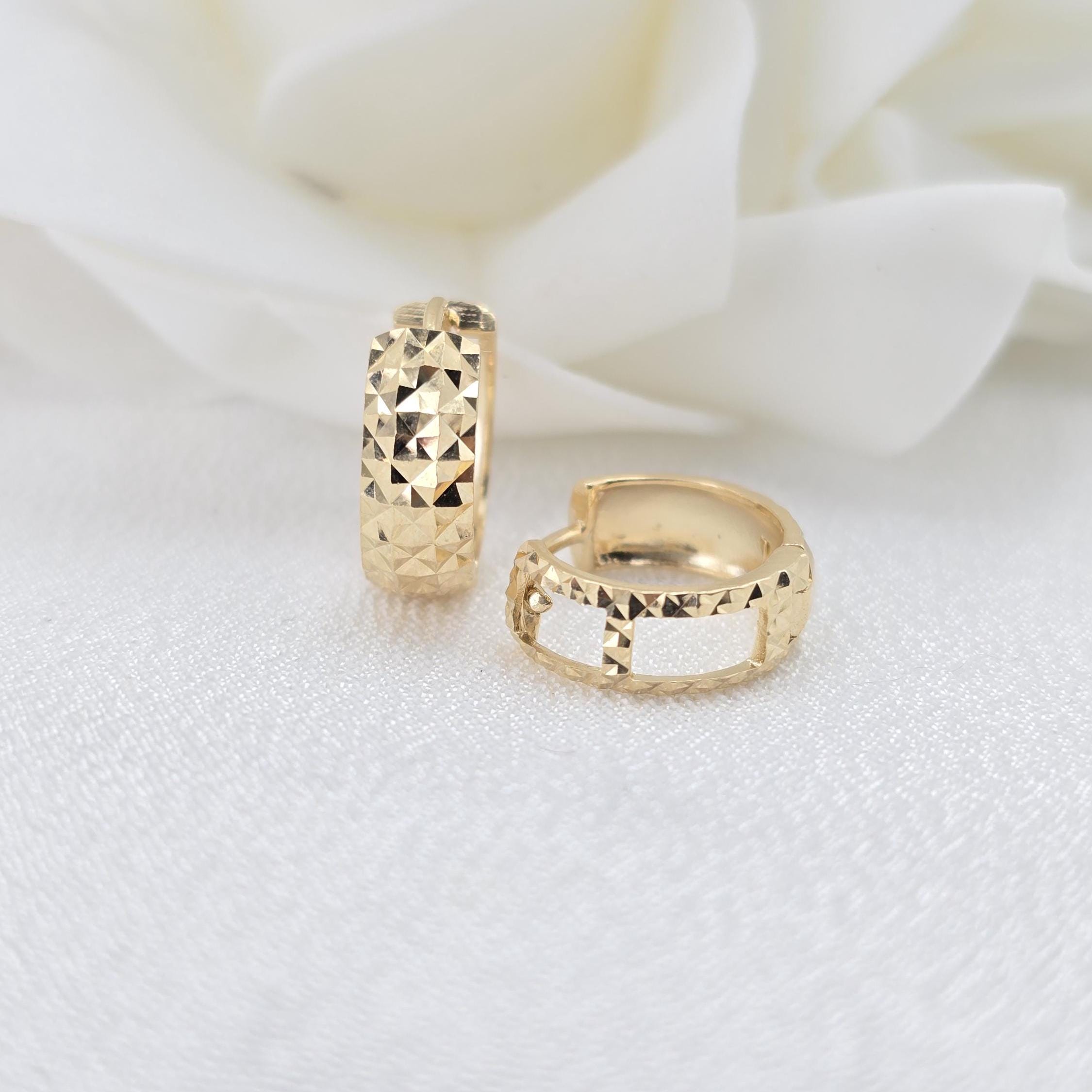 Shiny Solid 14k Gold Diamond Cut Huggies Earrings , Sparkling and Modern, Fine Jewelry For Her