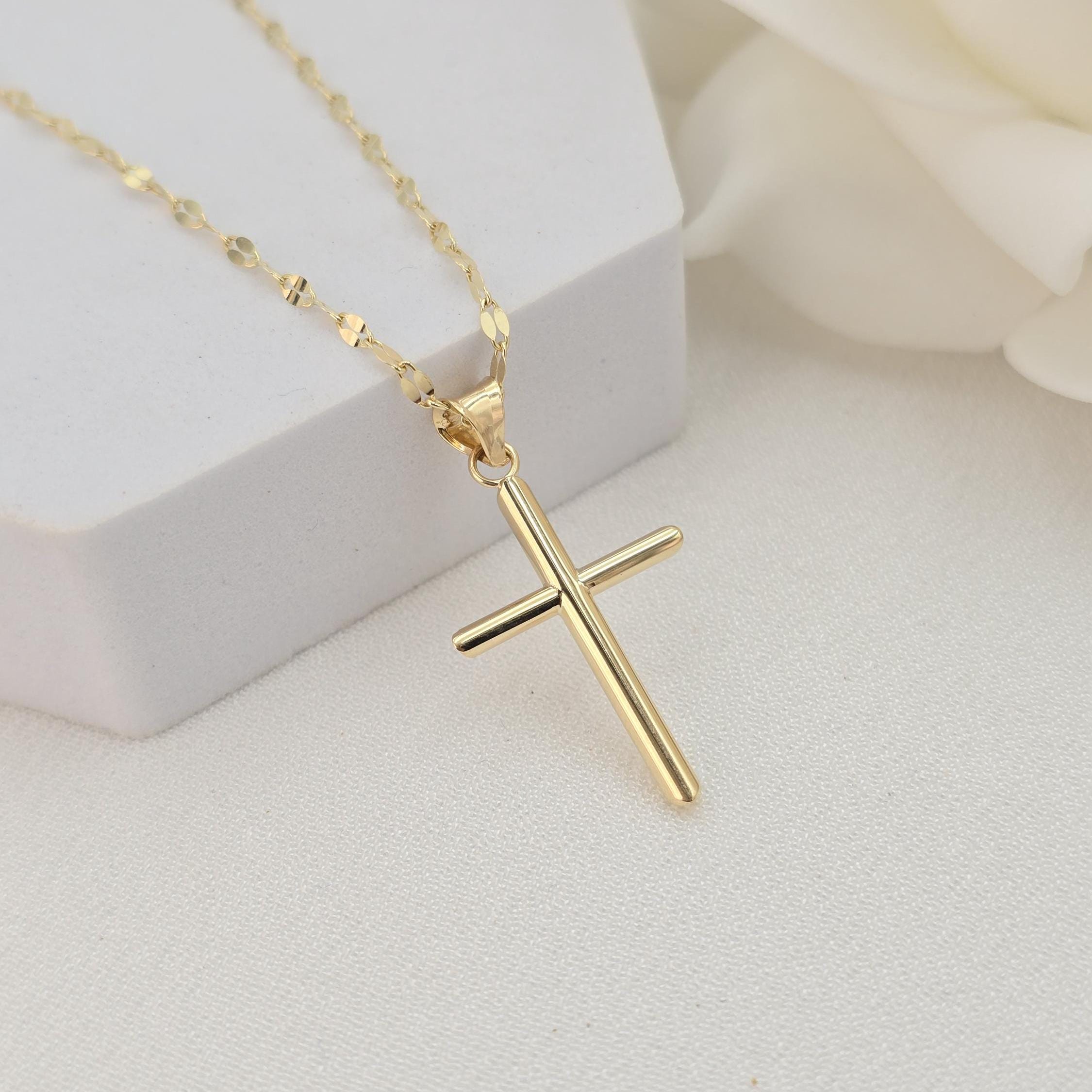 14k Gold Polished Cross Mirror Necklace - 14", 16", 18", 20" - Perfect Gift For Her - Modern Fine Jewelry