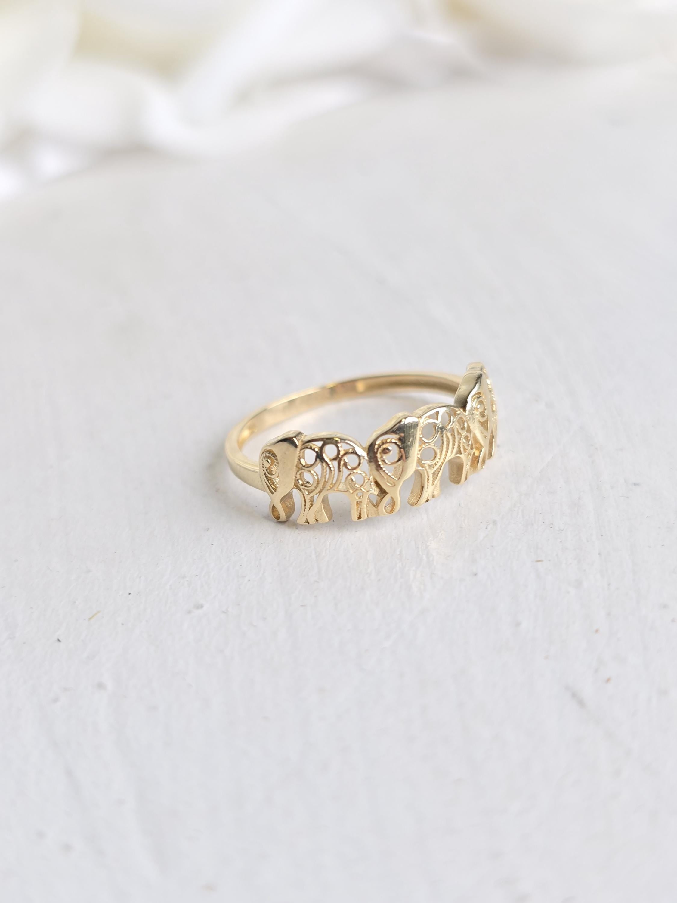 Solid 14k Gold Elephants Ring - Polished Gold - Fine Jewelry - Elegant & Everlasting Gift -