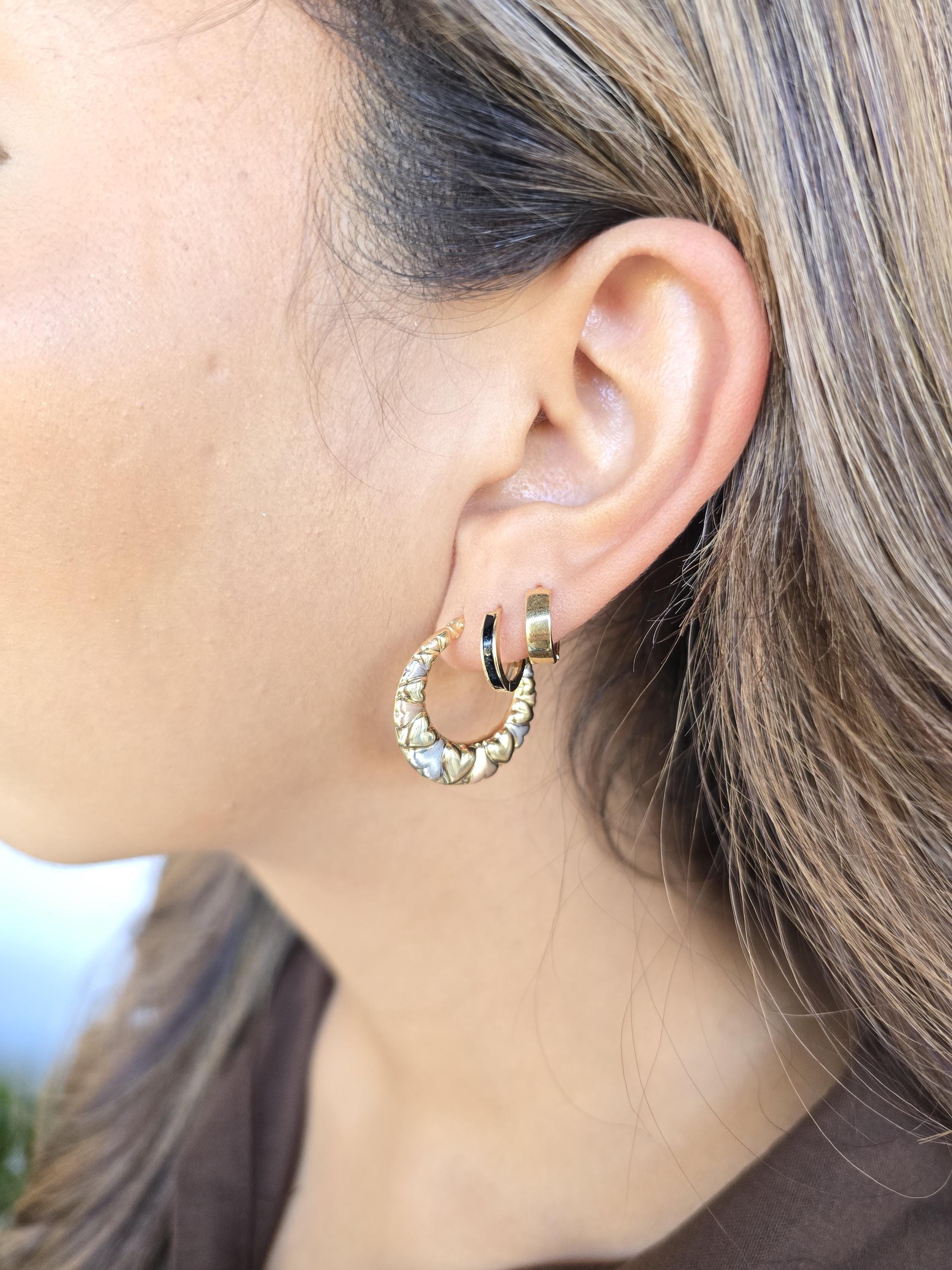 14k Gold Tricolor Heart Hoops - Double-sided - For Her - Lightweight & Fancy