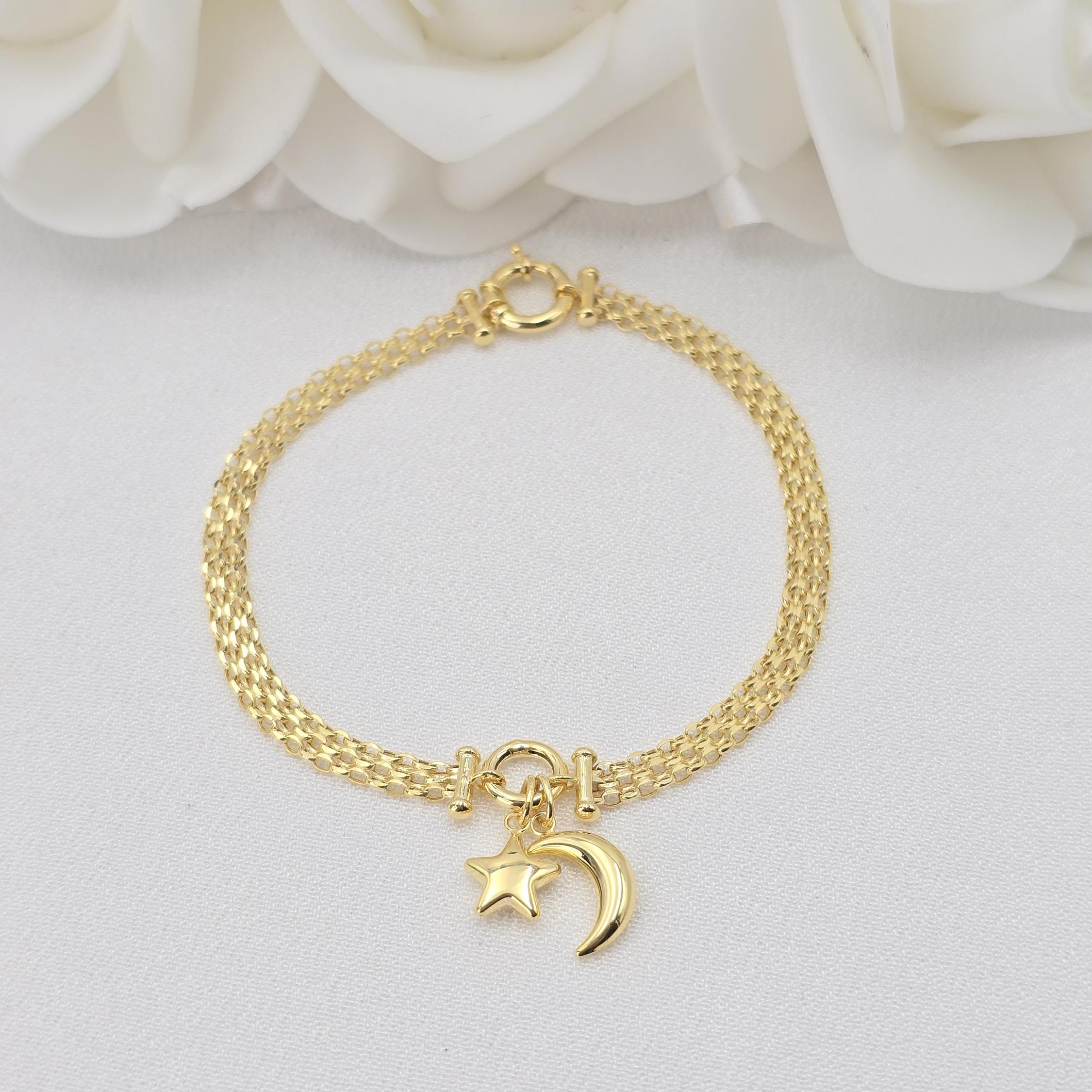 Solid 14k Gold Charm Bracelets - Heart Charm - Moon & Star - Key lock - For Her - Bismarck Bracelets