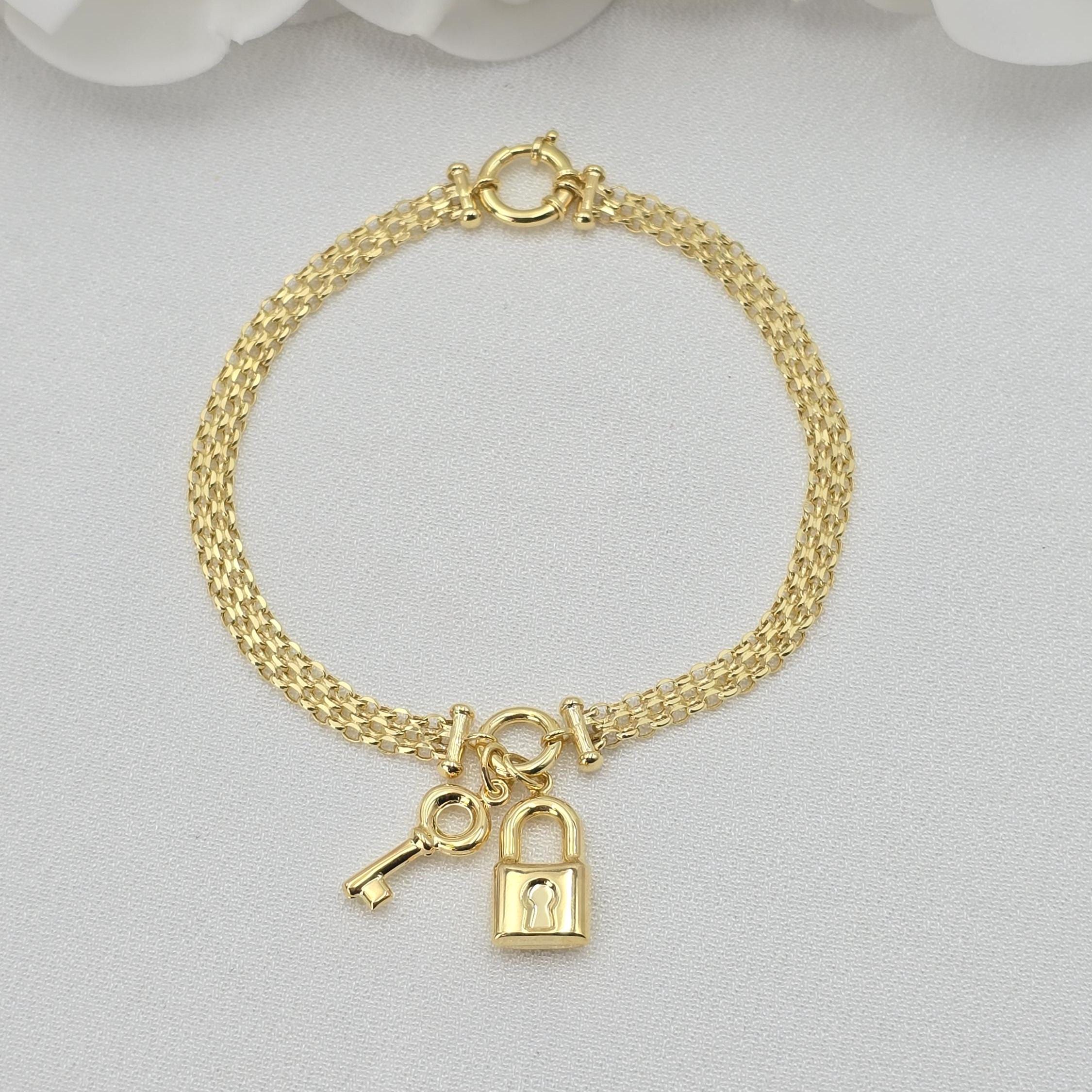 Solid 14k Gold Charm Bracelets - Heart Charm - Moon & Star - Key lock - For Her - Bismarck Bracelets