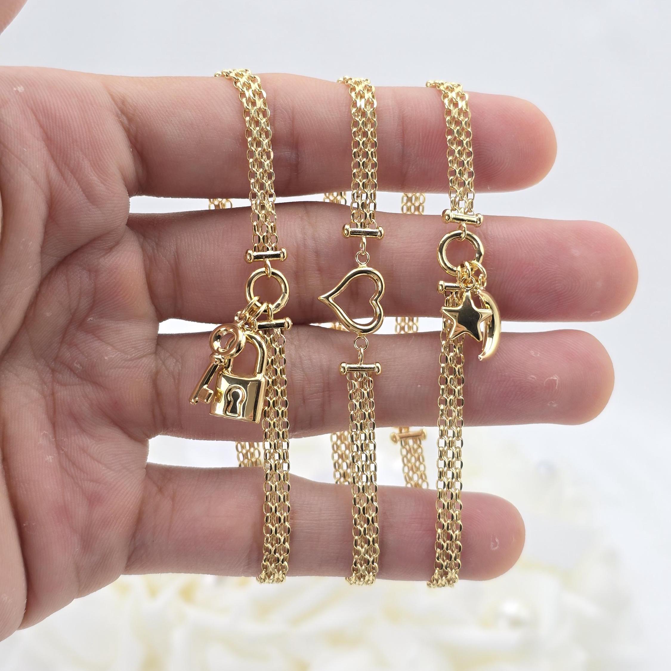 Solid 14k Gold Charm Bracelets - Heart Charm - Moon & Star - Key lock - For Her - Bismarck Bracelets