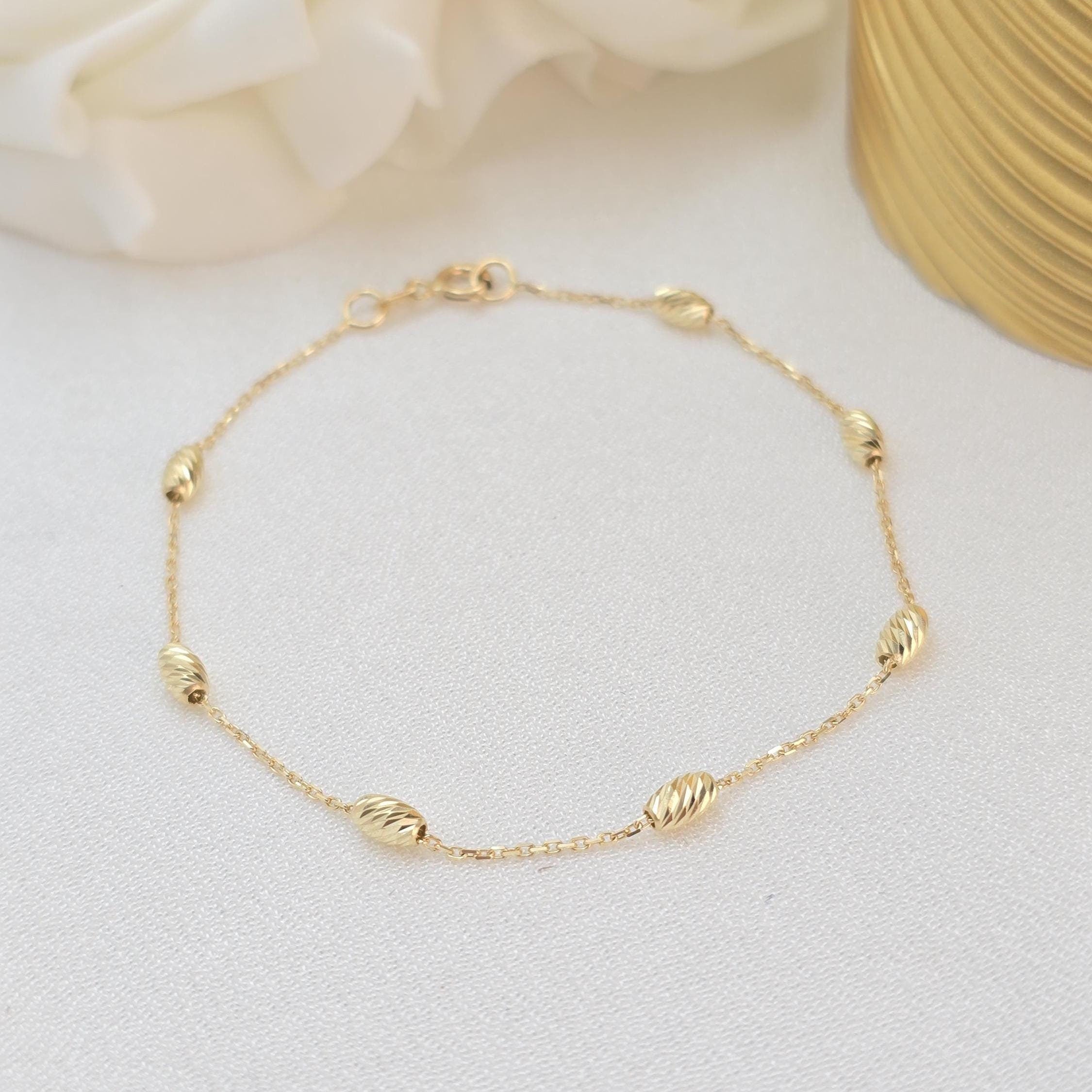 Dainty 14k Gold Diamond Cut Beads Bracelet - 7 inches - Perfect Gift For Her