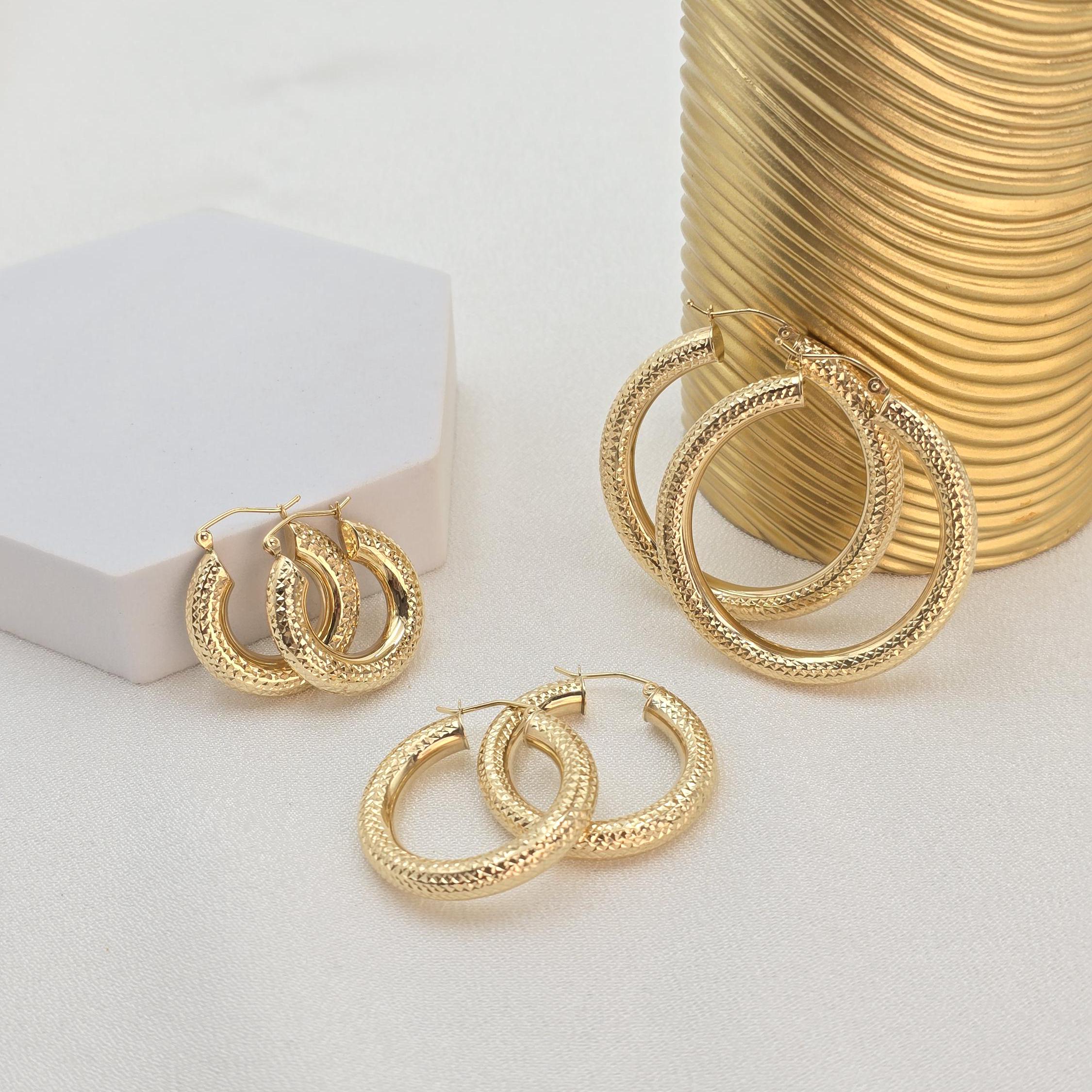 Chunky 14k Gold Fully Diamond Cut 4.8MM Thick Hoop Earrings - 22MM - 29MM - 40MM - - Extra Shiny - Gift For Her