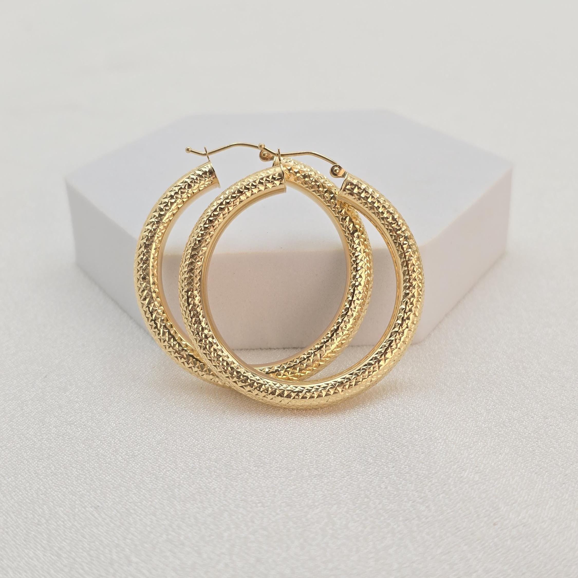 Chunky 14k Gold Fully Diamond Cut 4.8MM Thick Hoop Earrings - 22MM - 29MM - 40MM - - Extra Shiny - Gift For Her