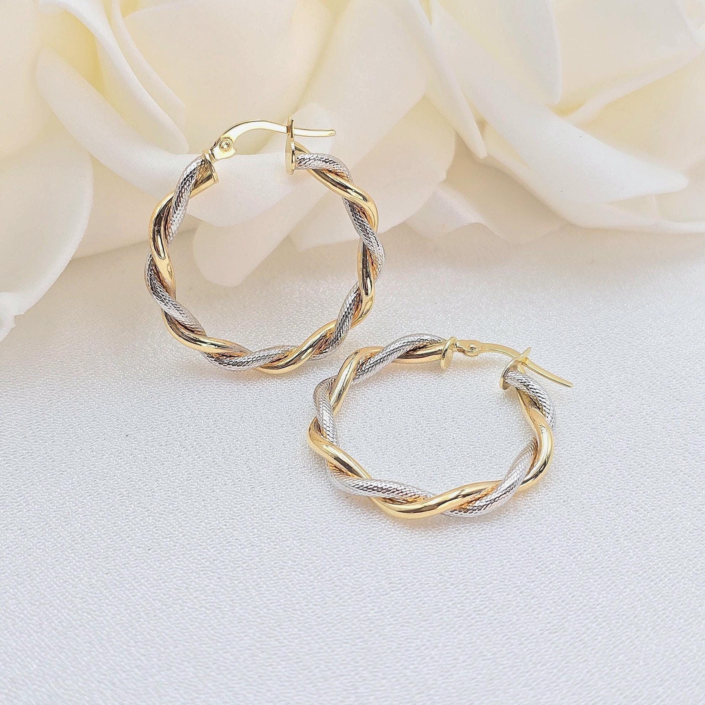 14K 2 Tones Twisted Hoop Earrings