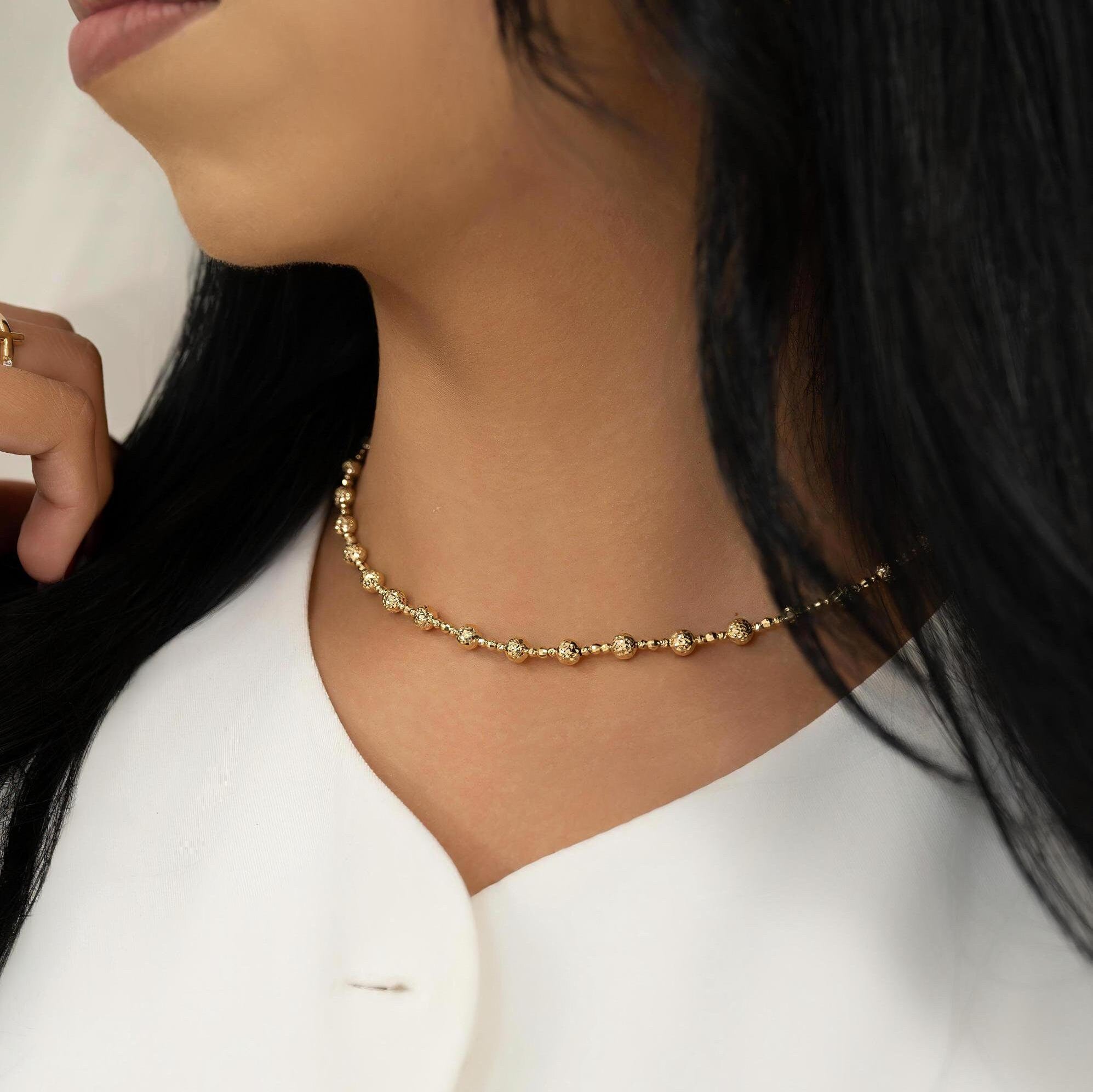 Real 14k Gold Tricolor Gold Shiny Bead Necklace - Diamond Cut - Perfect Gift For Her - White, yellow and rose gold - 16 and 18 Inches