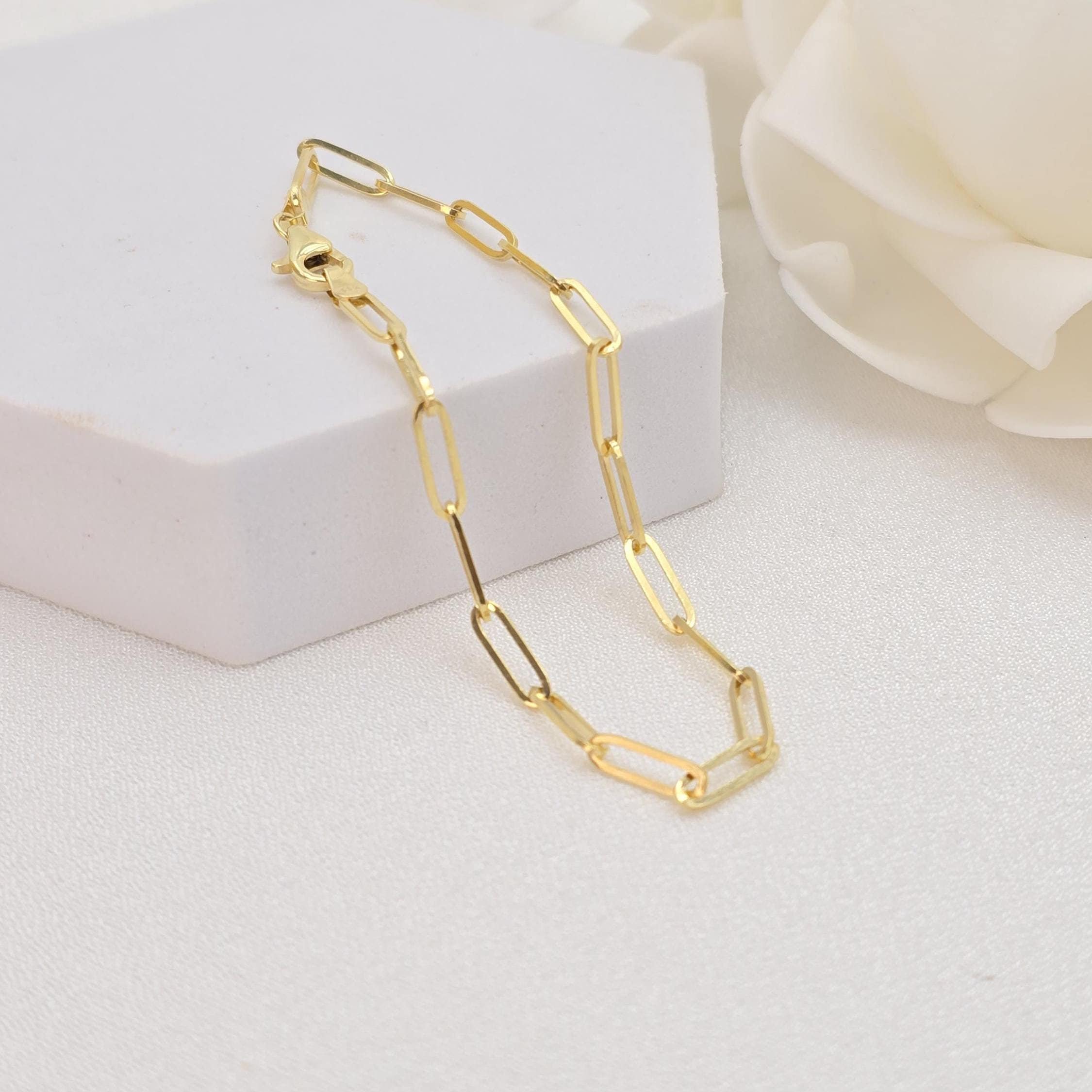 Solid 14k Gold Paperclip Bracelet - 7 Inches - 3MM - Gift For Her - Modern & Elegant - Fine Jewelry