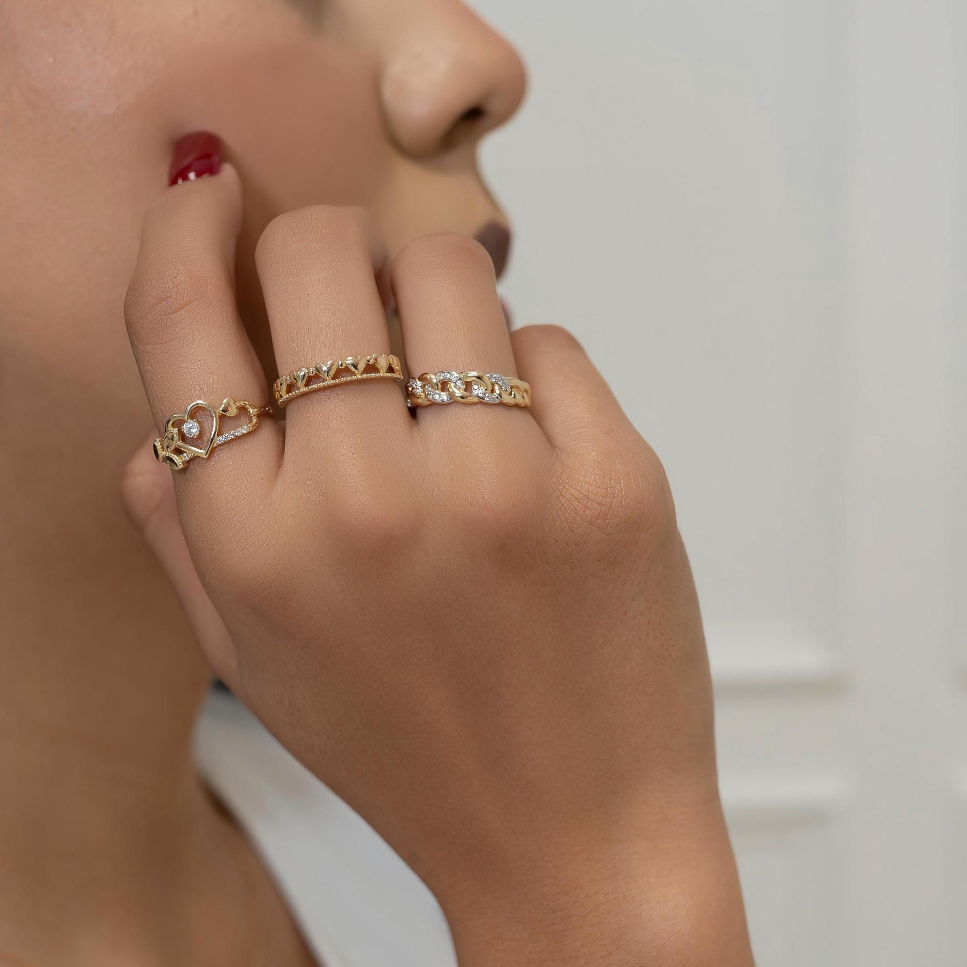 Modern Solid 14k Gold Hearts Beaded Band - Stackable Ring - For Her