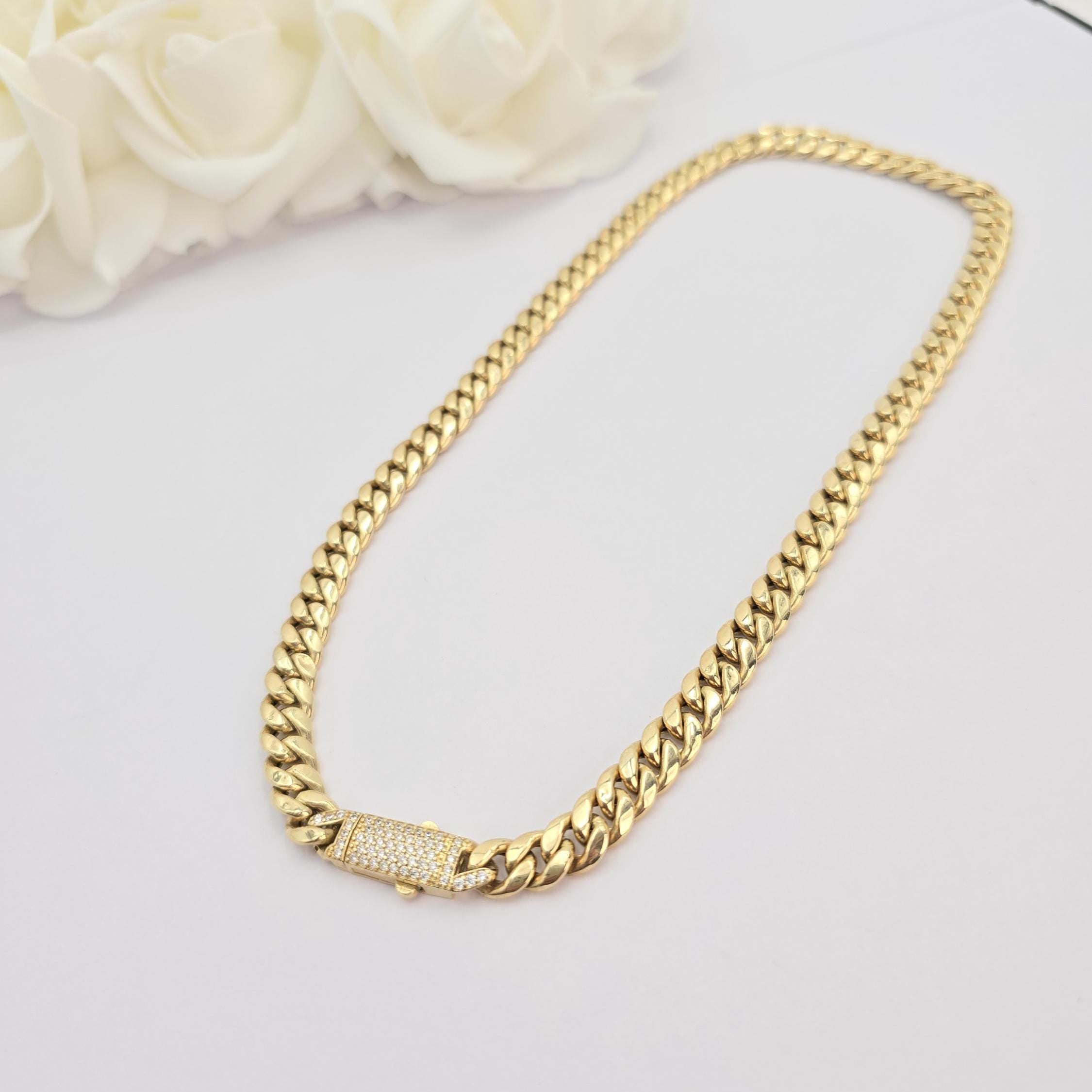14k Gold Monaco CZ Lock Chain - 16 Inches - 7.4mm Thick - Fine Jewelry