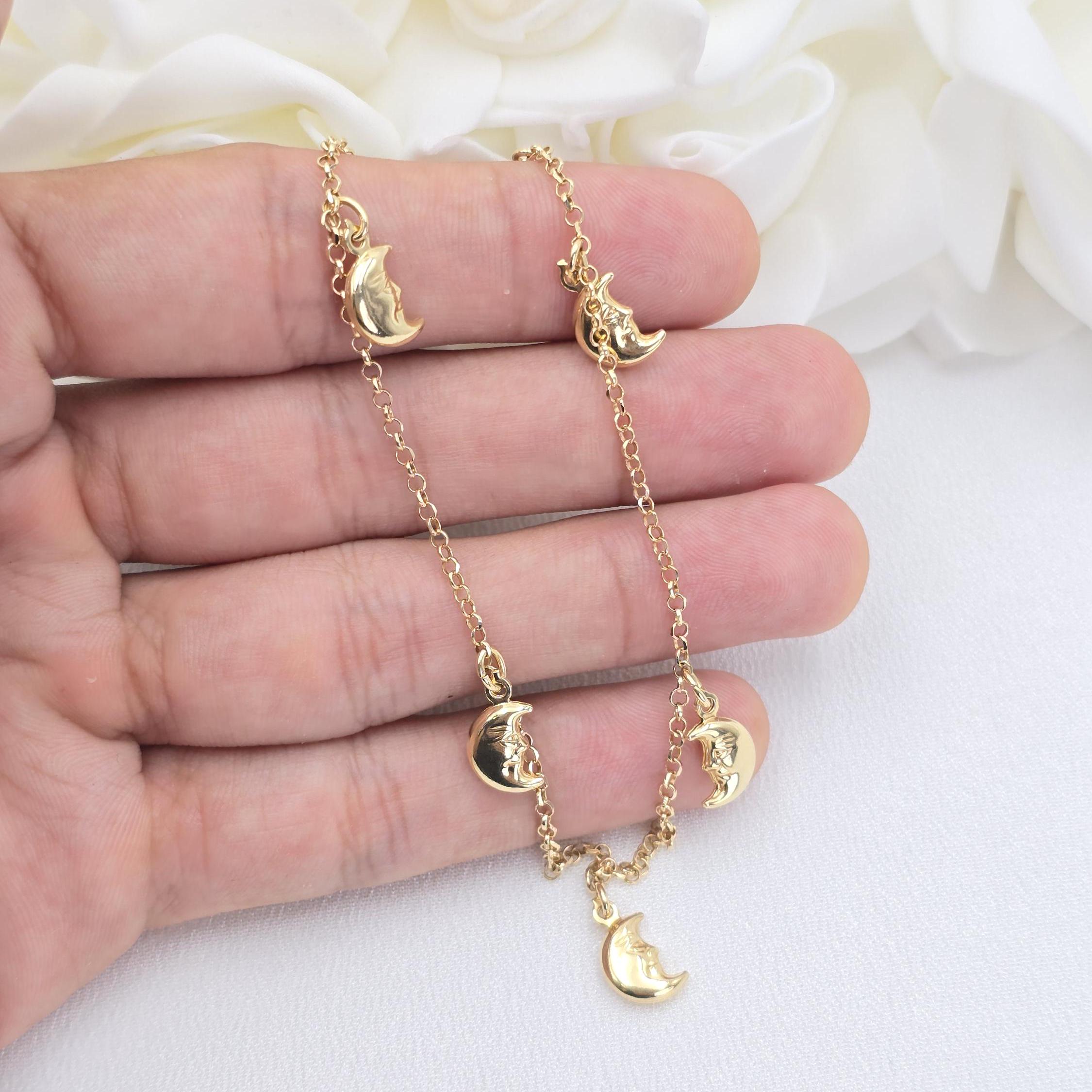 Solid 14k Gold Moons Bracelet - Anklet - Fancy Jewelry - Real 14k Gold