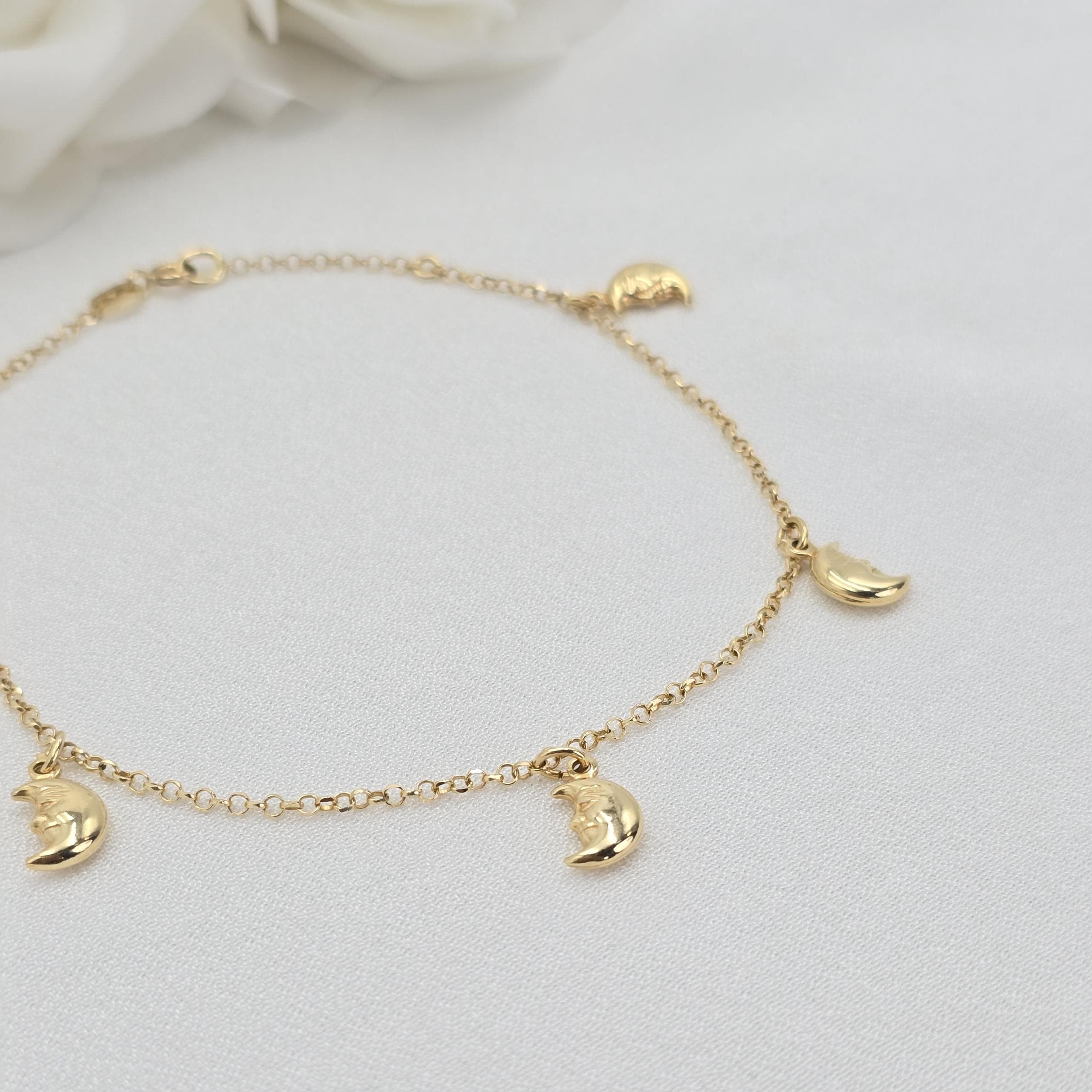 Solid 14k Gold Moons Bracelet - Anklet - Fancy Jewelry - Real 14k Gold