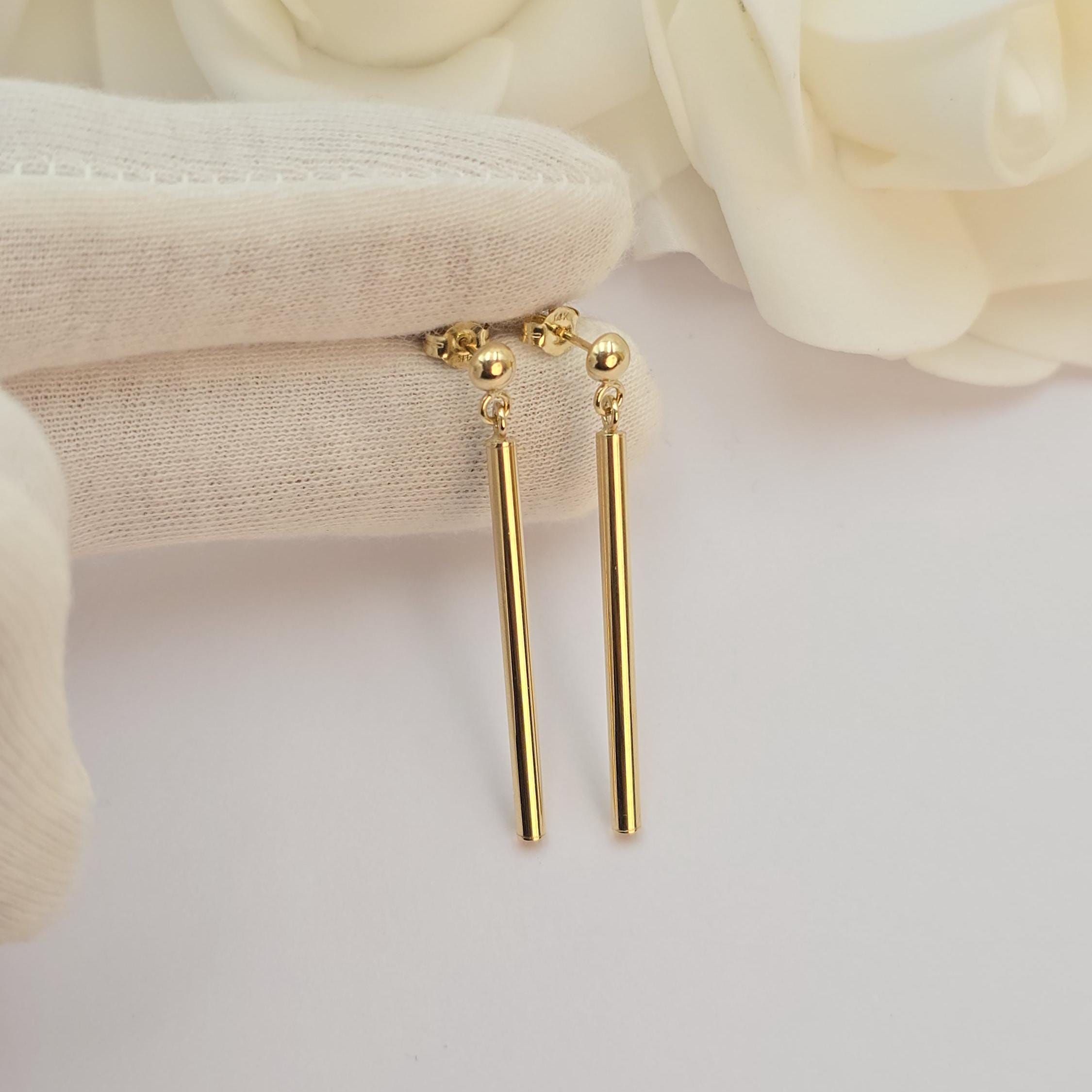 14k Gold Dangling Tubes Stud Earrings