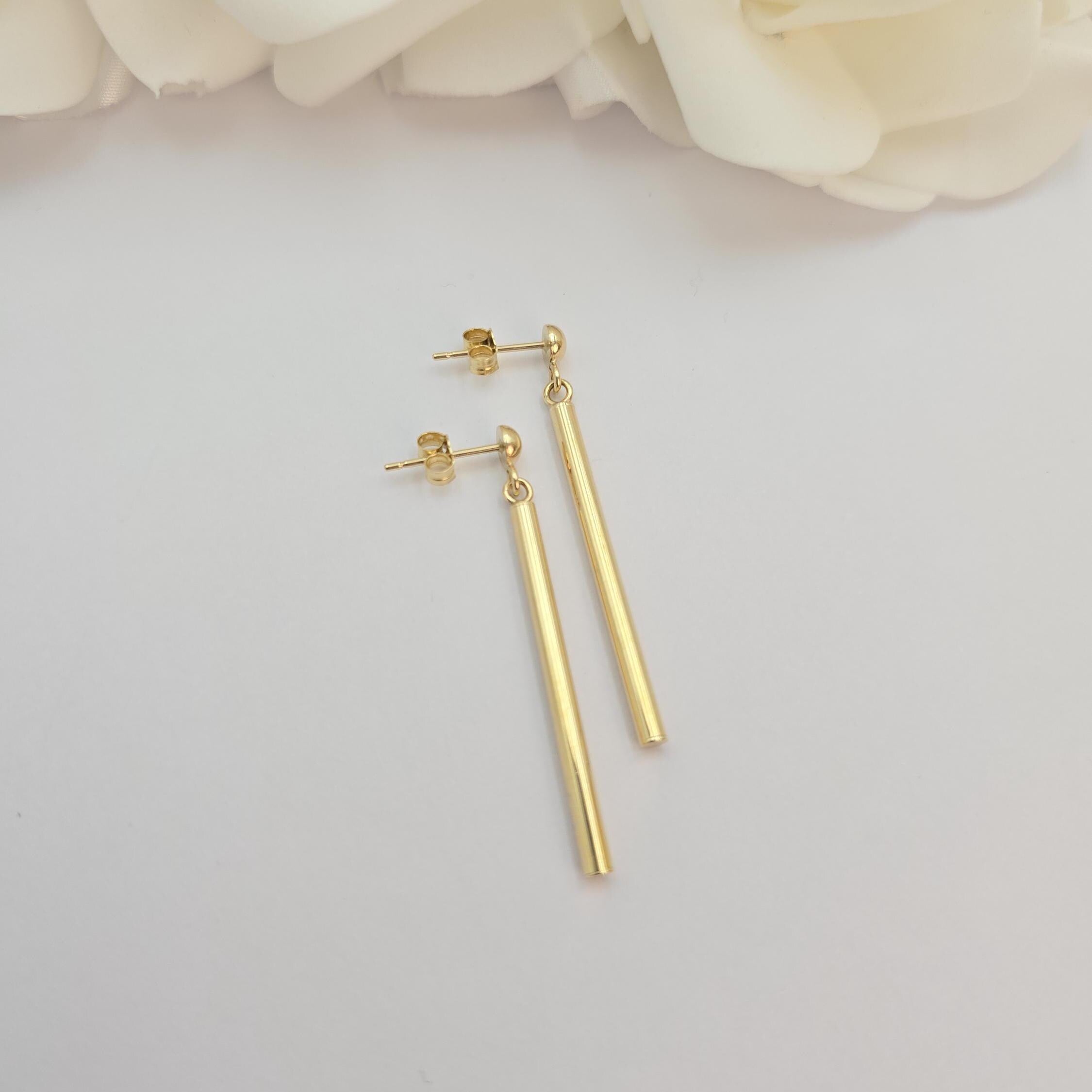 14k Gold Dangling Tubes Stud Earrings