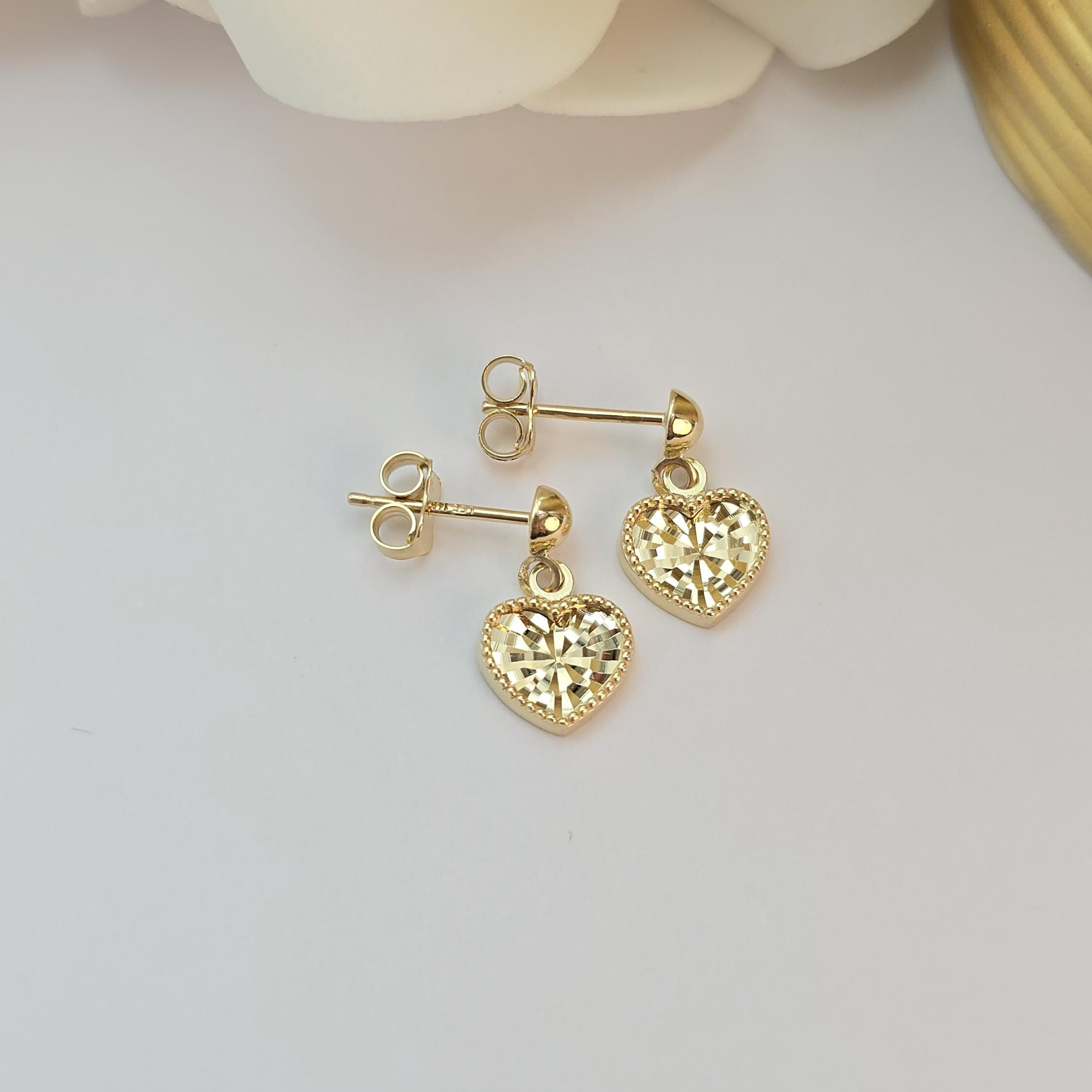 Dangling 14k Gold Diamond Cut Hearts stud earrings