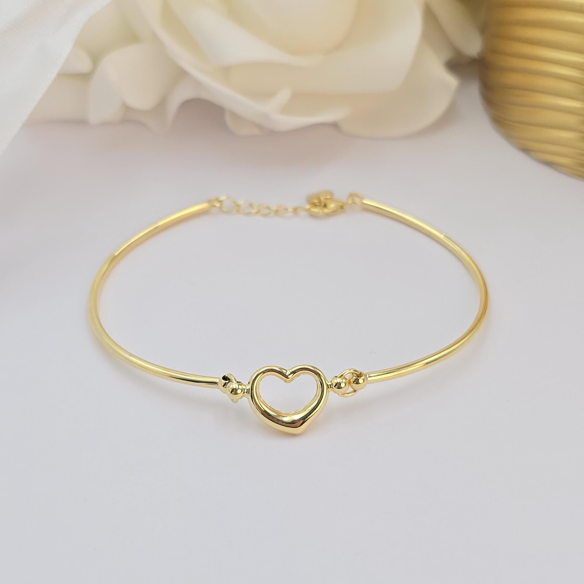 14K Gold Heart Bangle Bracelet – Adjustable