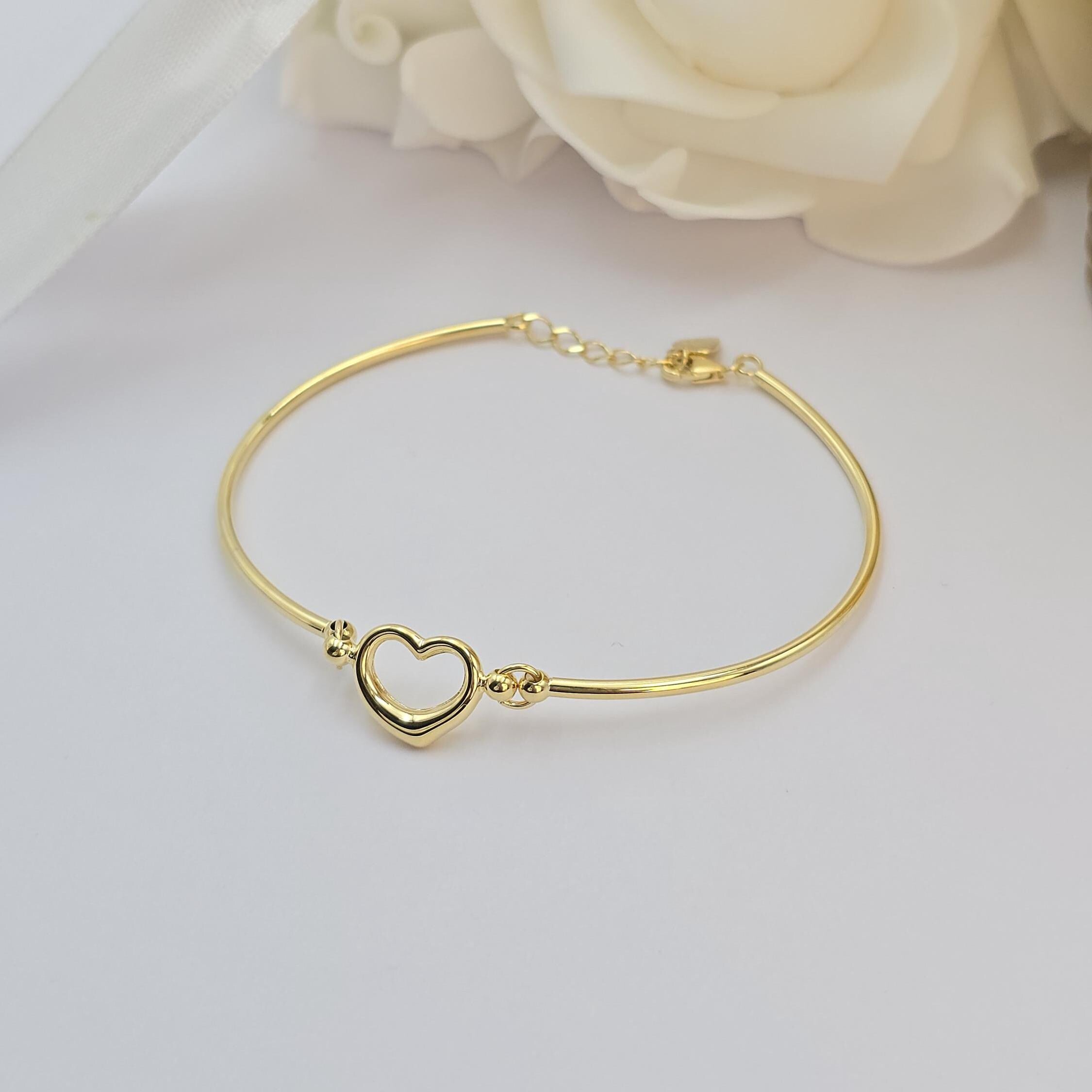 14K Gold Heart Bangle Bracelet – Adjustable
