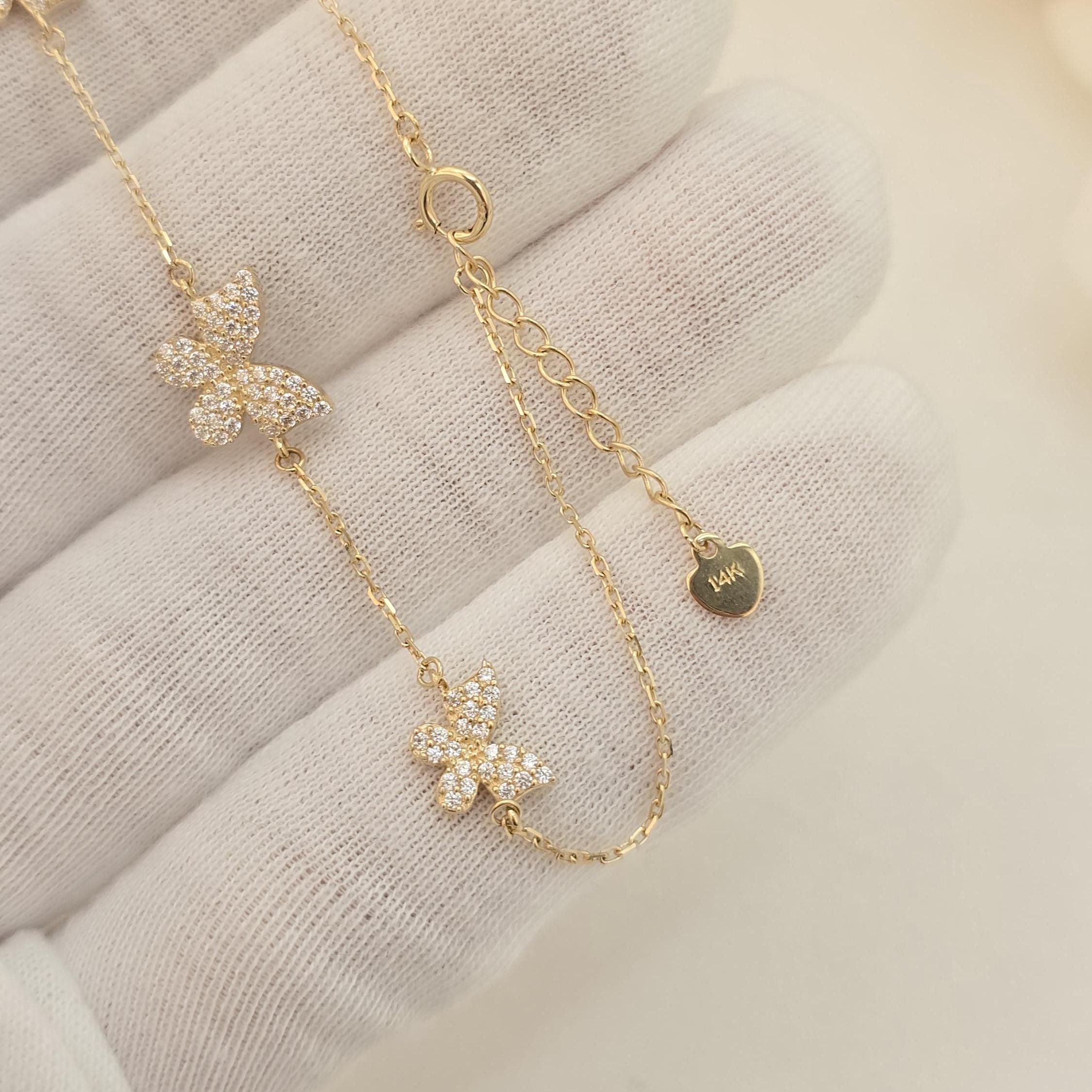 14k Pave Butterfly Charms Bracelet