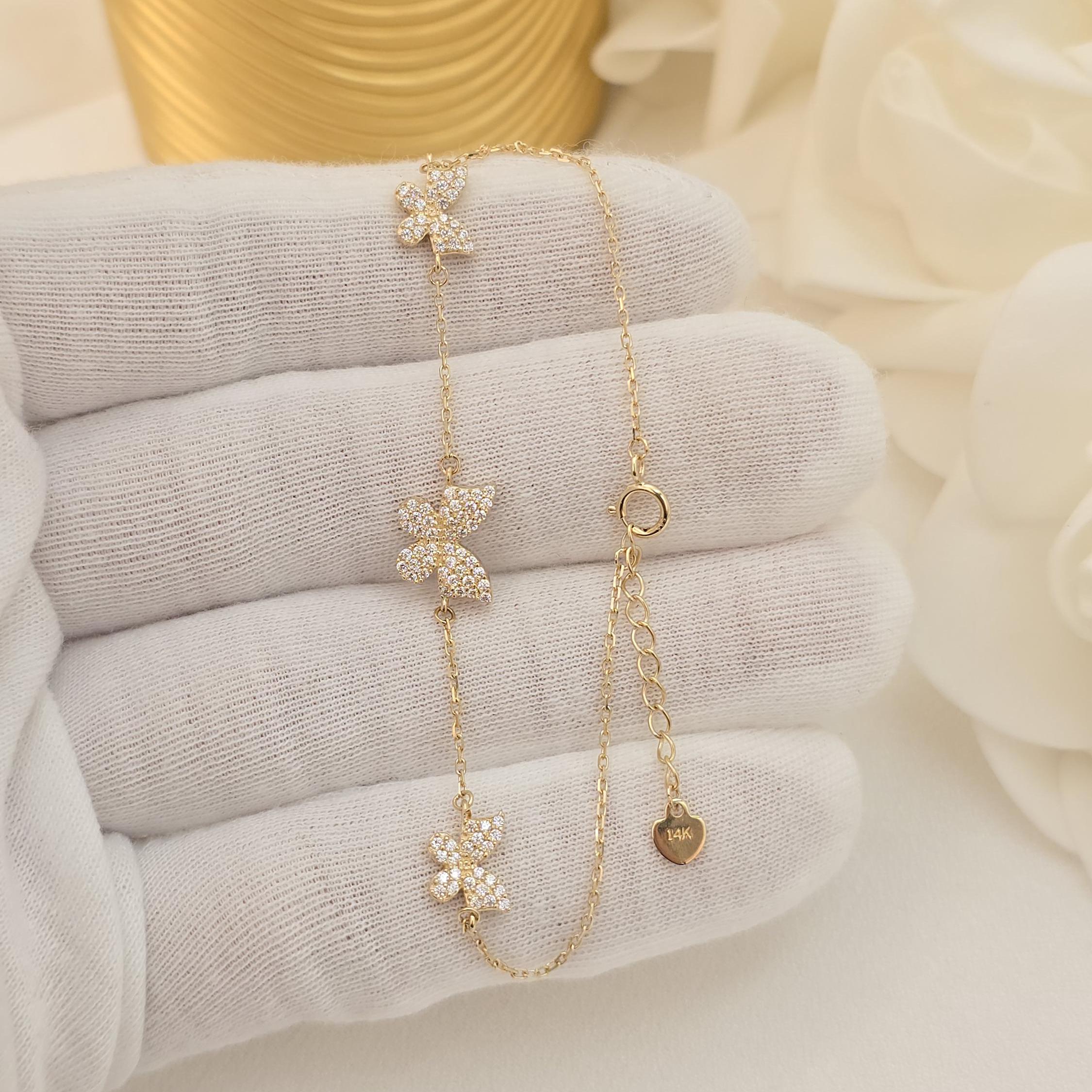 Dainty 14k Gold Pave Butterfly Charms Bracelet - Adorable Gift For Her - Adjustable - Birthday, mother's day, Christmas Gift