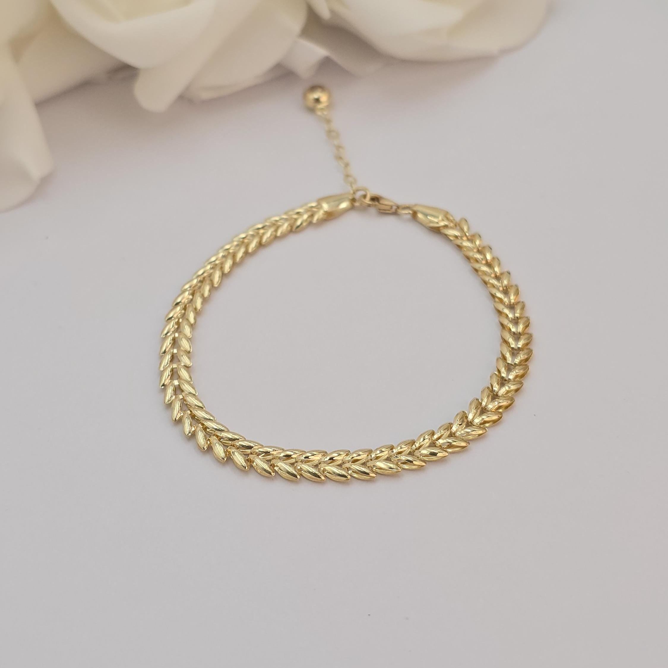 SOLID 14K Gold Leaf Link Bracelet - 7+1" Adjustable - Elegant & Minimalist - Perfect Gift For Her