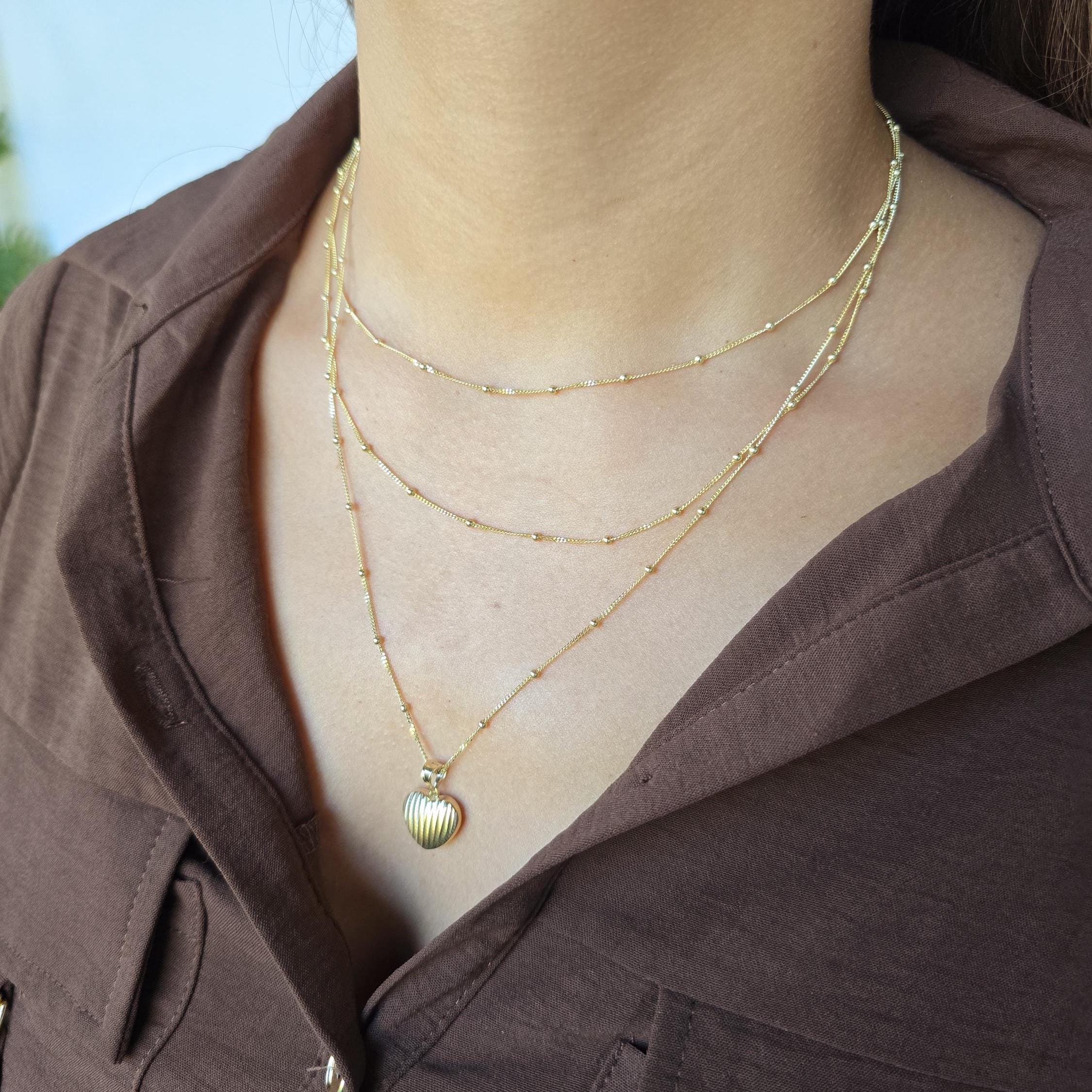 Solid 14k Gold Satellite Necklace - Curb & Bead