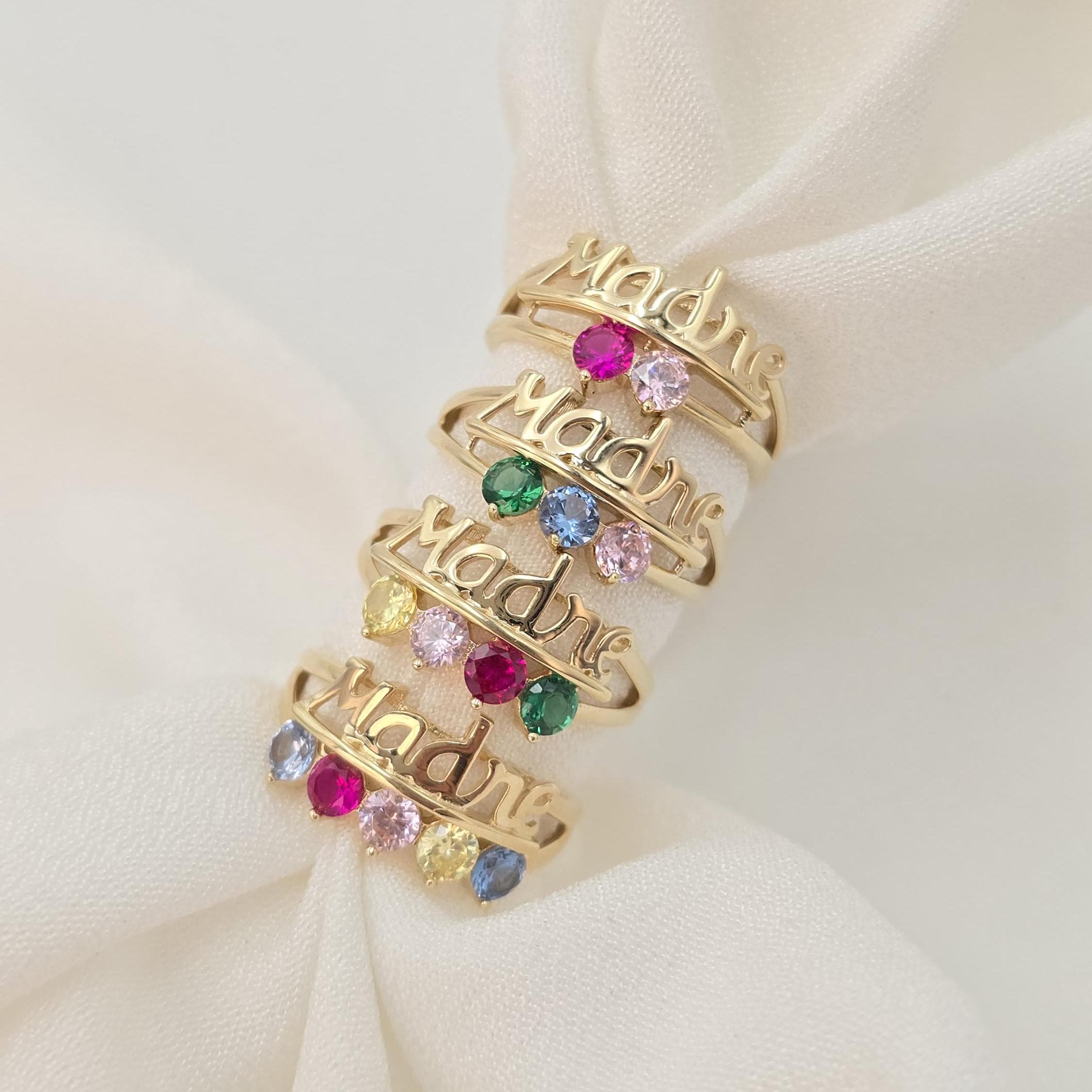 Solid 14k Gold Birthstone Mother's Day Rings - 5, 4, 3, 2 Birth Stone - Meaningful & Adorable - Madre Ring