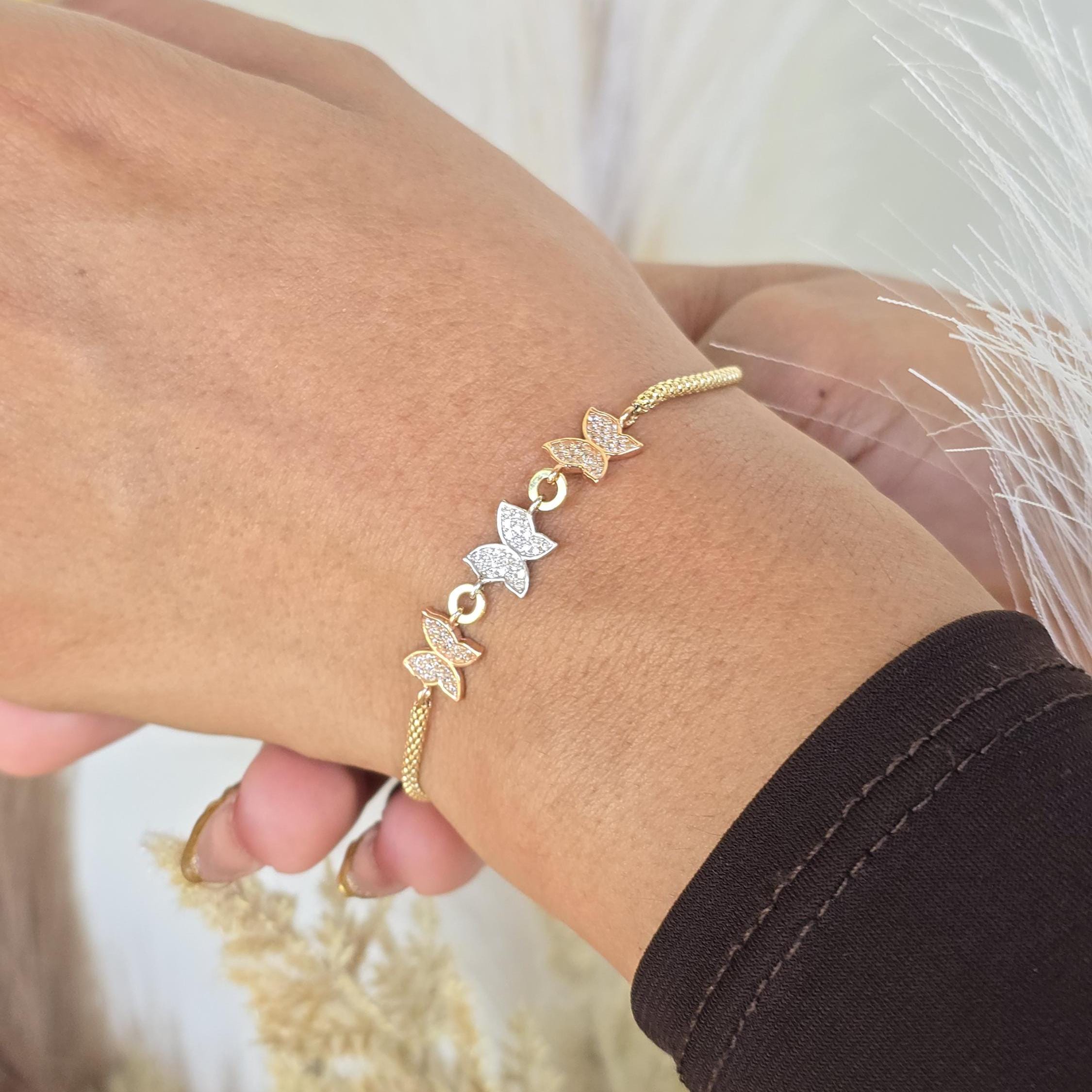 TRICOLOR 14K Solid Gold Butterfly Bracelet – Pavé Design - Shiny & Adorable - Modern Jewelry For Her