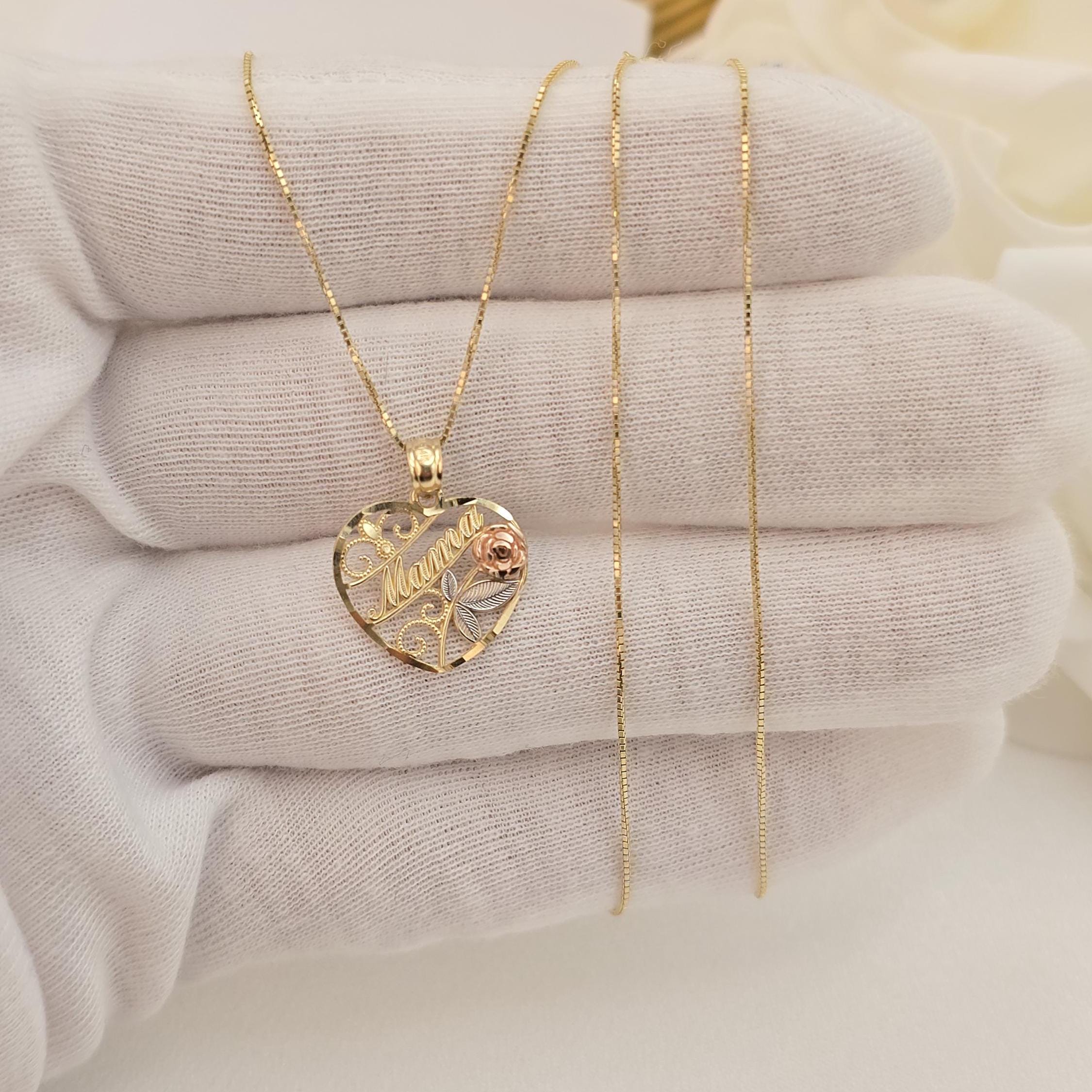 SOLID 14K Gold “Mamá” Heart Pendant Box Necklace - Shiny & Meaningful - Fine Gold Jewelry For Her