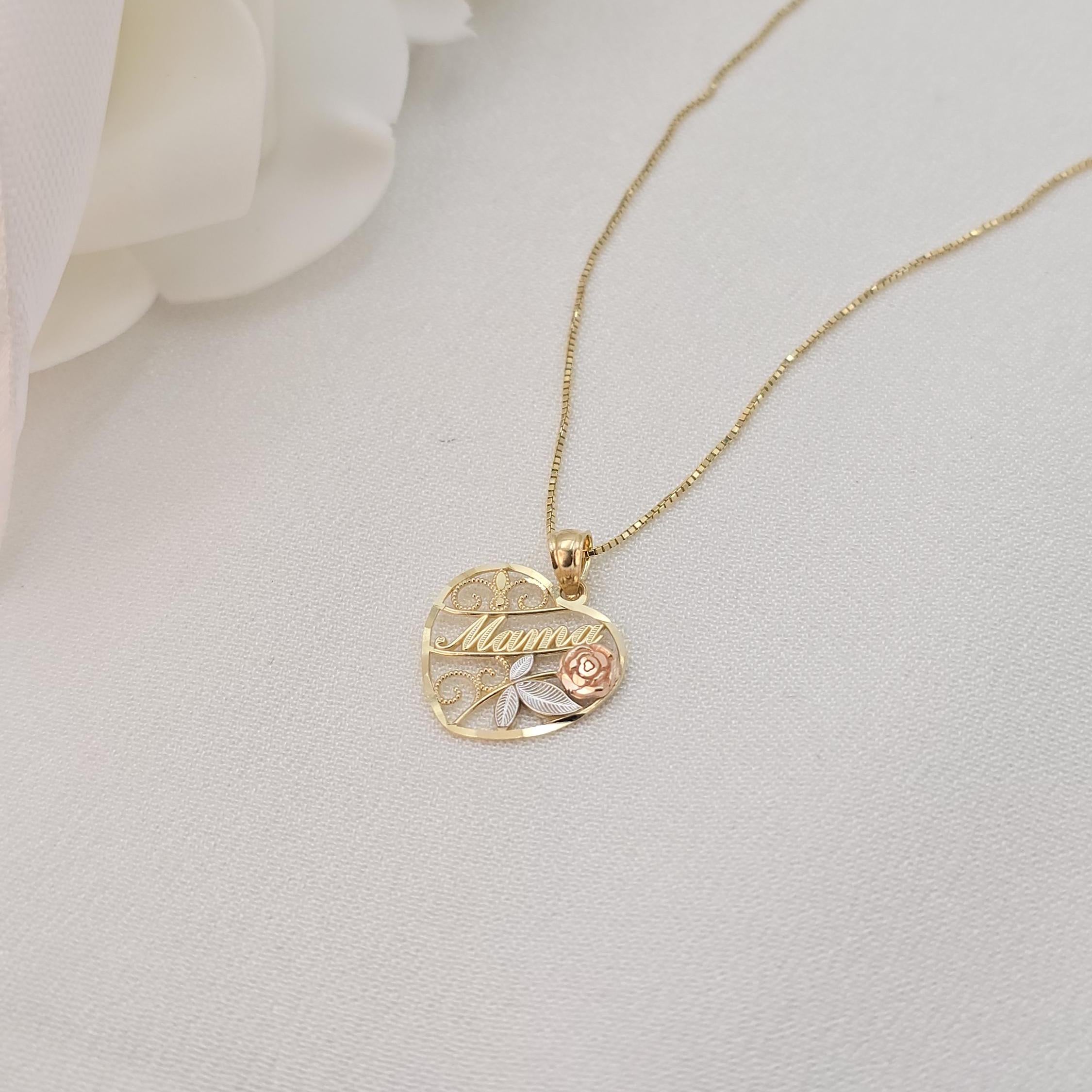 SOLID 14K Gold “Mamá” Heart Pendant Box Necklace - Shiny & Meaningful - Fine Gold Jewelry For Her