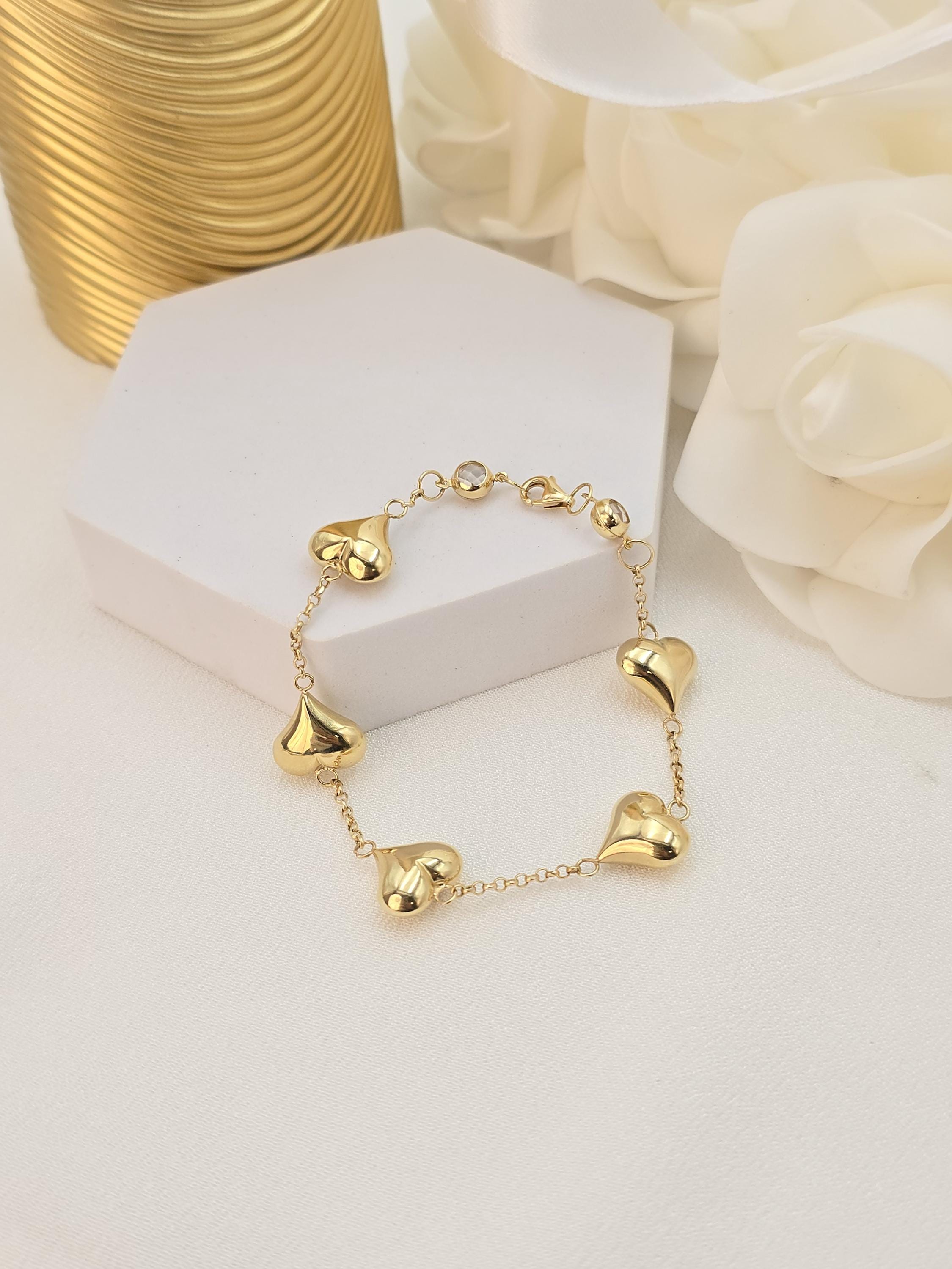14k Solid Gold Puffy Heart Bracelet - 7.5" Adjustable - Fine Elegant Jewelry - Mother's day, Christmas, Birthday, anniversary gift.