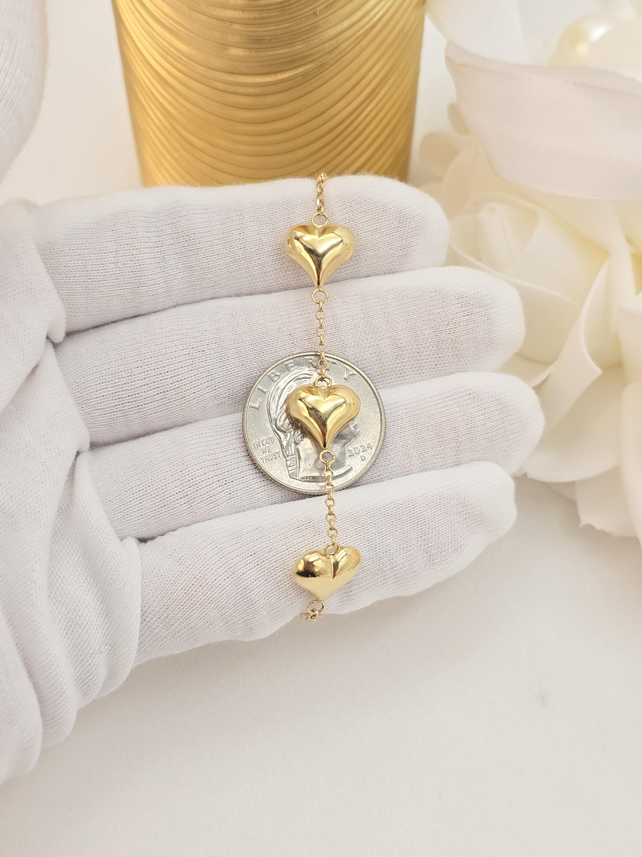 14k Solid Gold Puffy Heart Bracelet - 7.5" Adjustable - Fine Elegant Jewelry - Mother's day, Christmas, Birthday, anniversary gift.