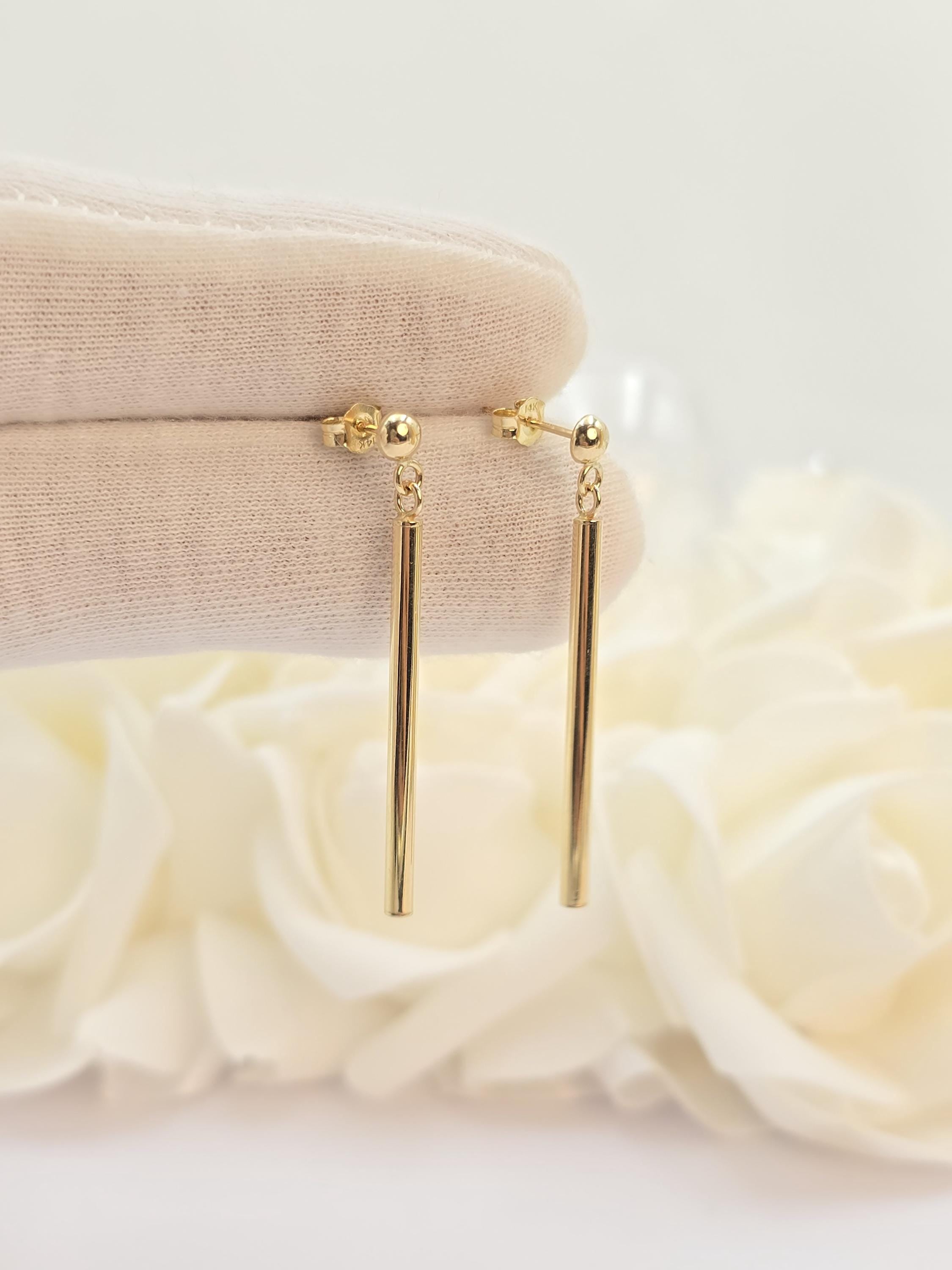 14k Gold Dangling Tubes Stud Earrings