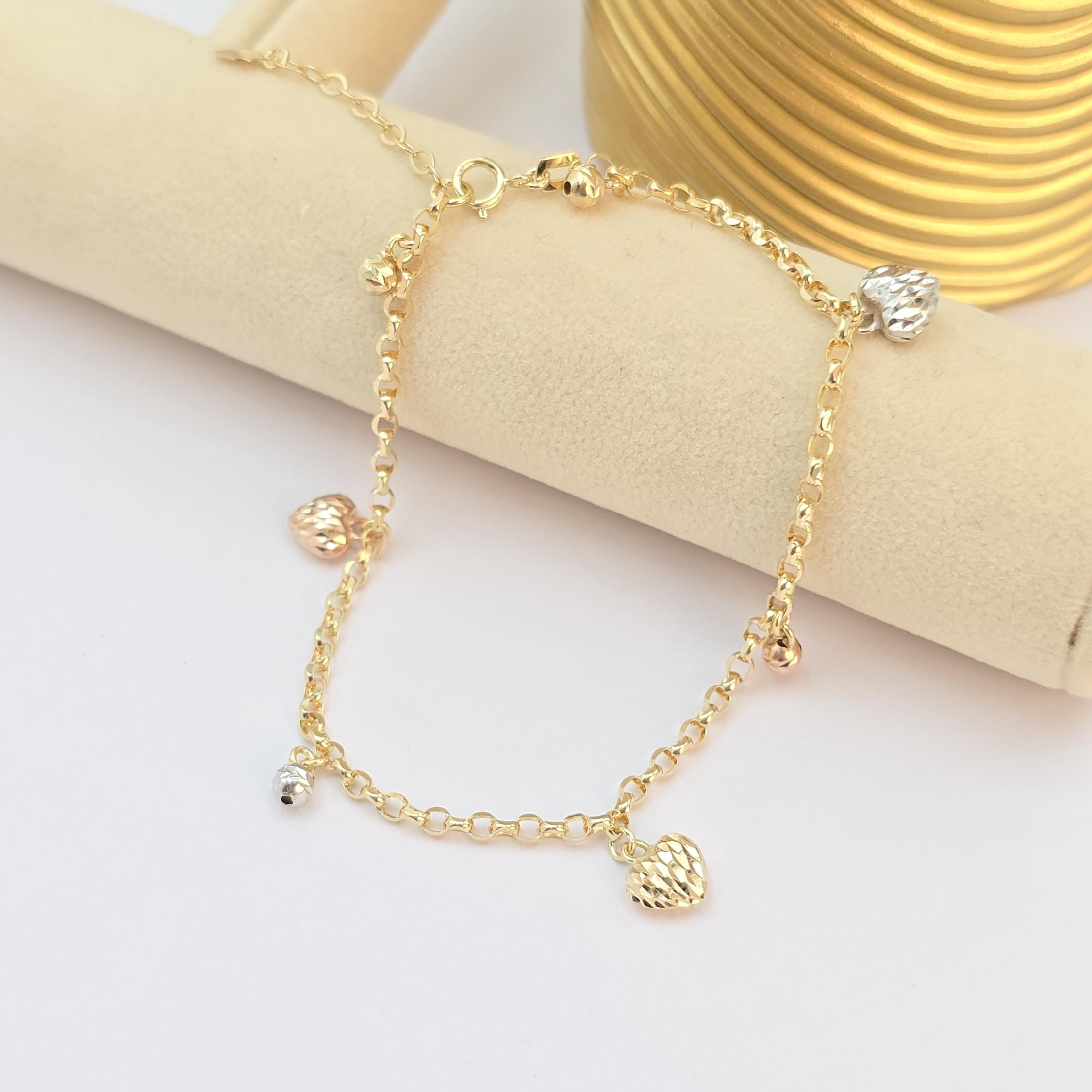 Adorable 14k Tricolor Multi Heart Charm Bracelet - Adjustable Bracelet - Fine Jewelry For Her