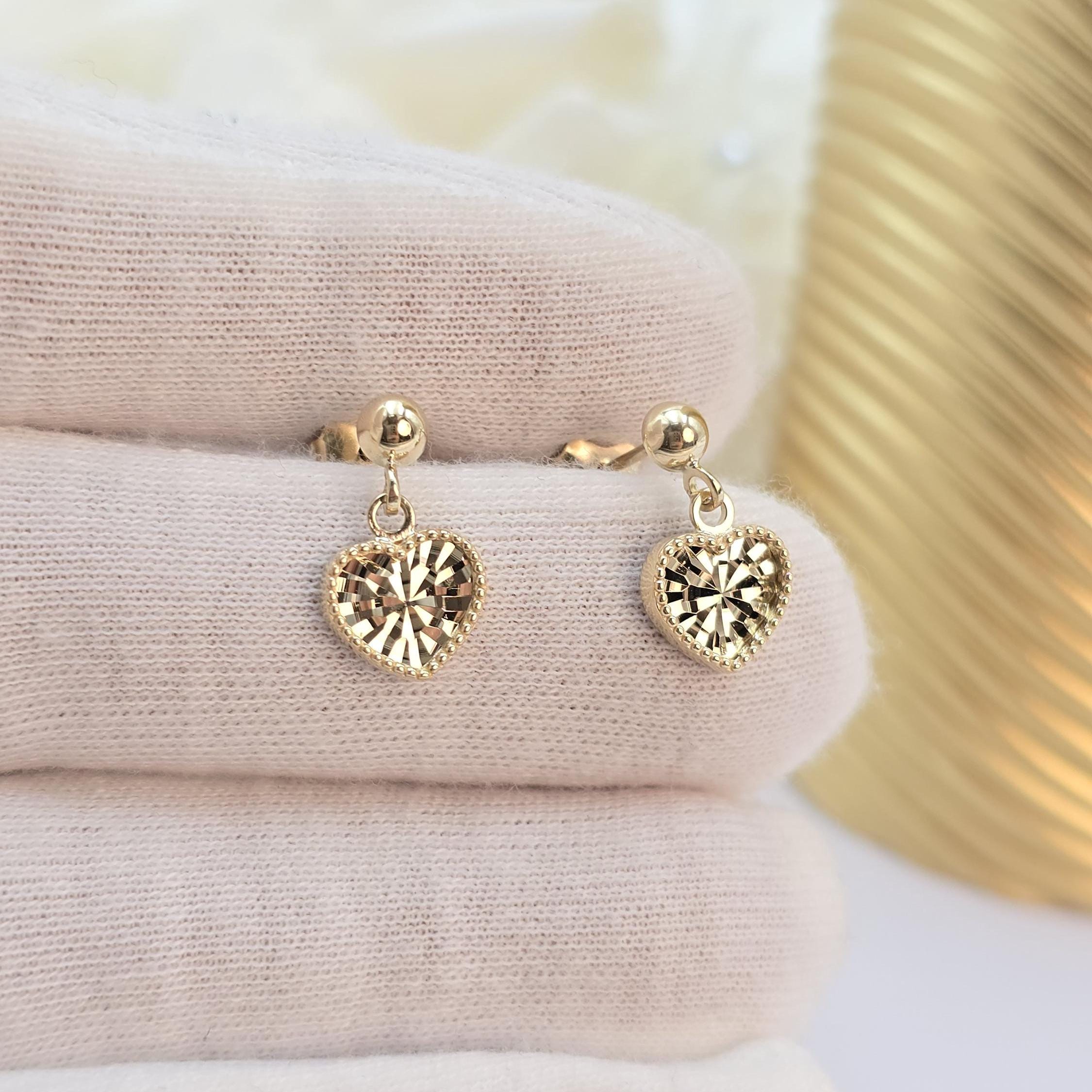 Dangling 14k Gold Diamond Cut Hearts stud earrings