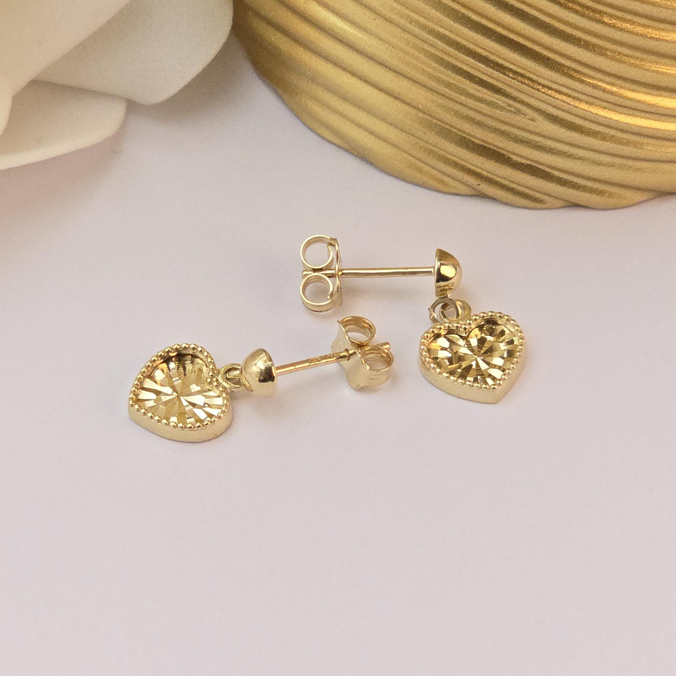 Dangling 14k Gold Diamond Cut Hearts stud earrings