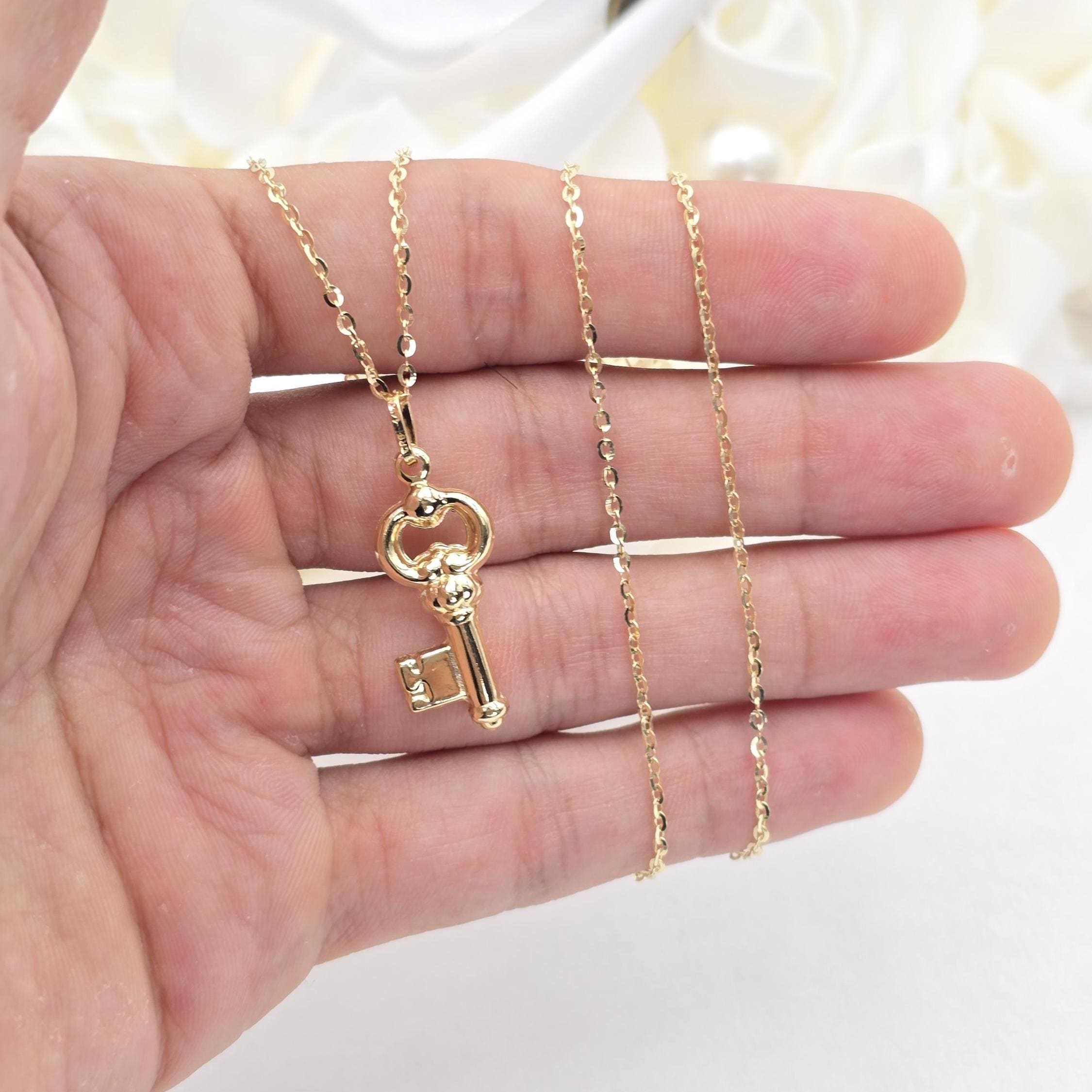 14k Gold Puffed Key Charm Necklace - Cable Necklace - Shiny & Everlasting - For Her - Fine Jewelry