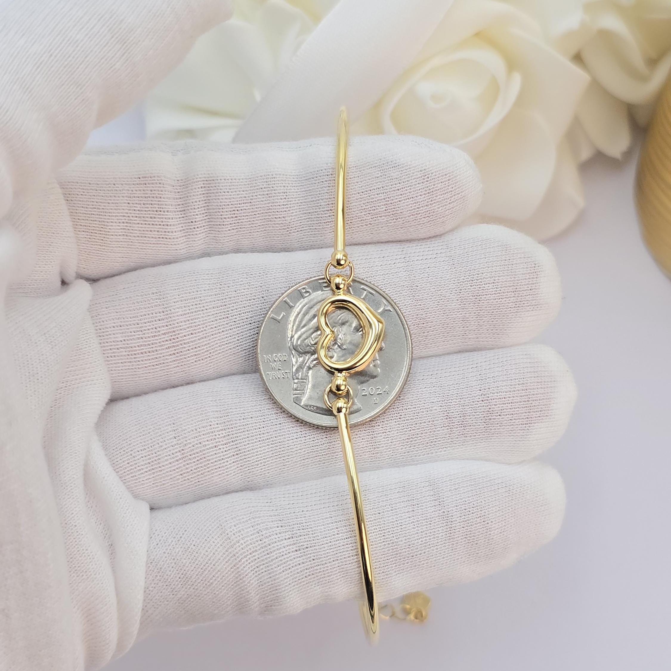14K Gold Heart Bangle Bracelet – Adjustable