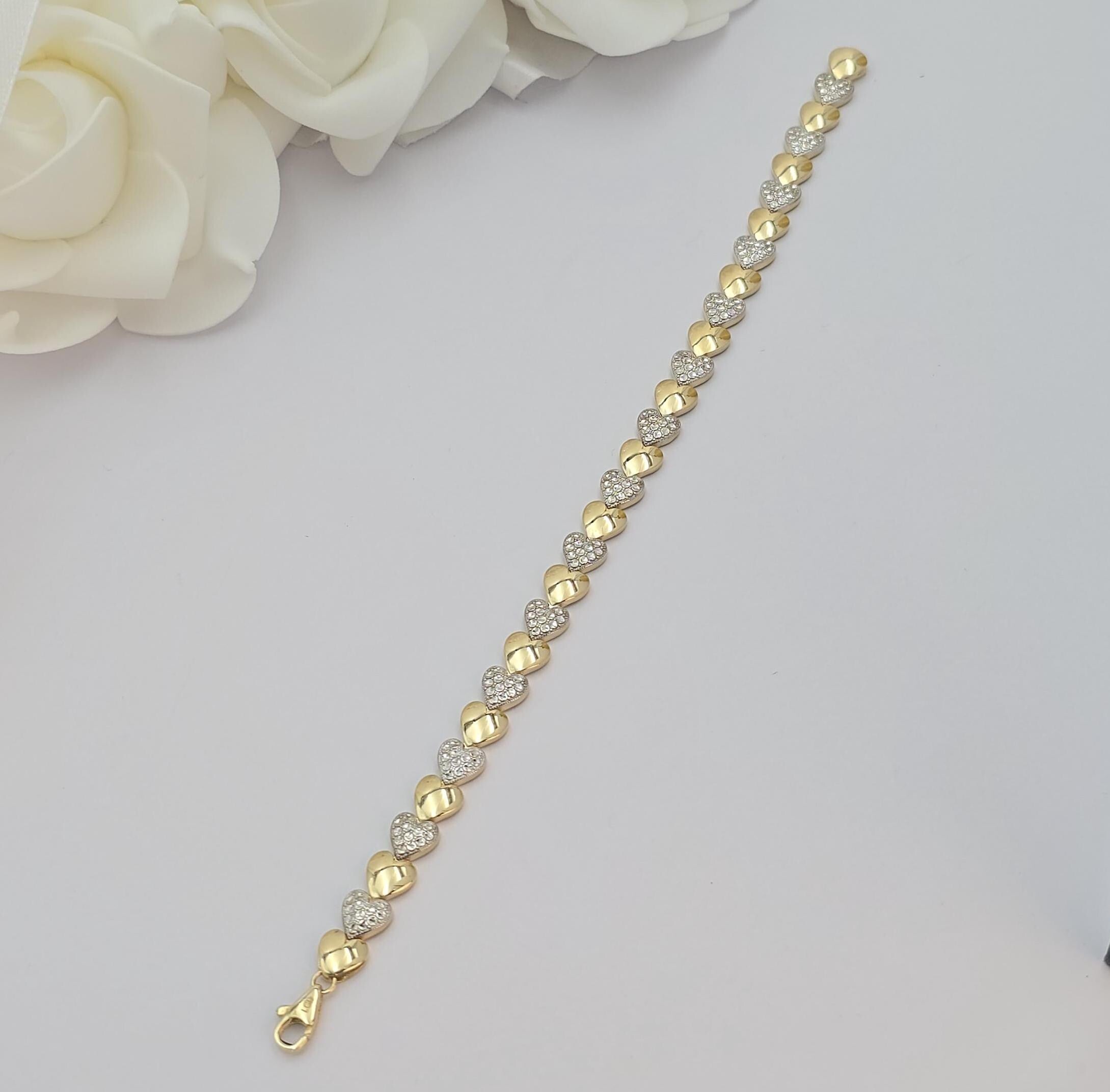Solid 14k Gold Fancy Eternity Heart Bracelet - Fine & Elegant Piece - 7.5 Inches